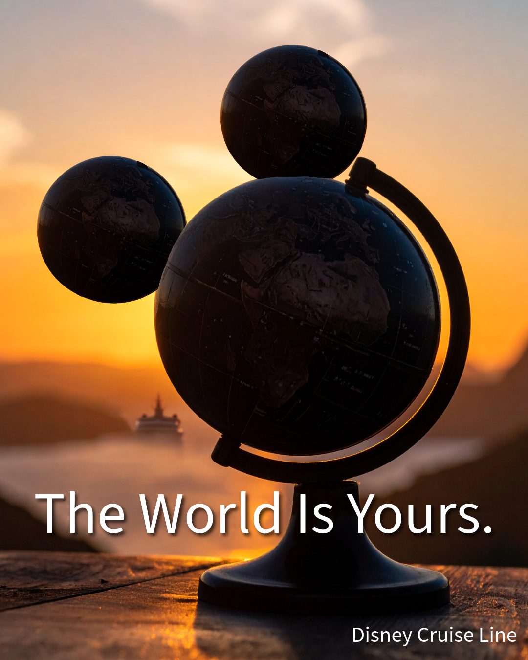 A globe with three black globes reflecting continents, set against a sunset with a ship in the distance. The image includes the text 'The World Is Yours' and 'Disney Cruise Line'.