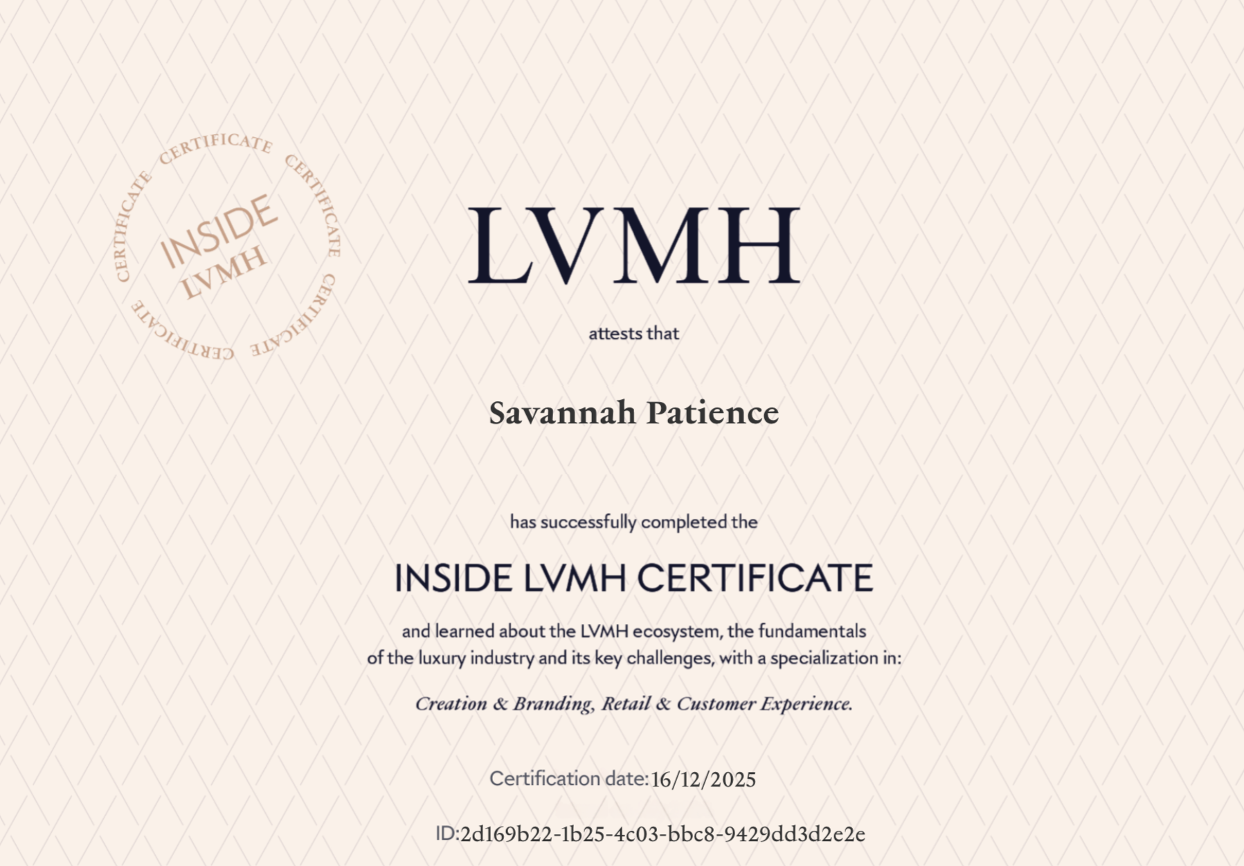 Certificate titled "Inside LVMH" awarded to Savannah Patience, dated 16/12/2025.