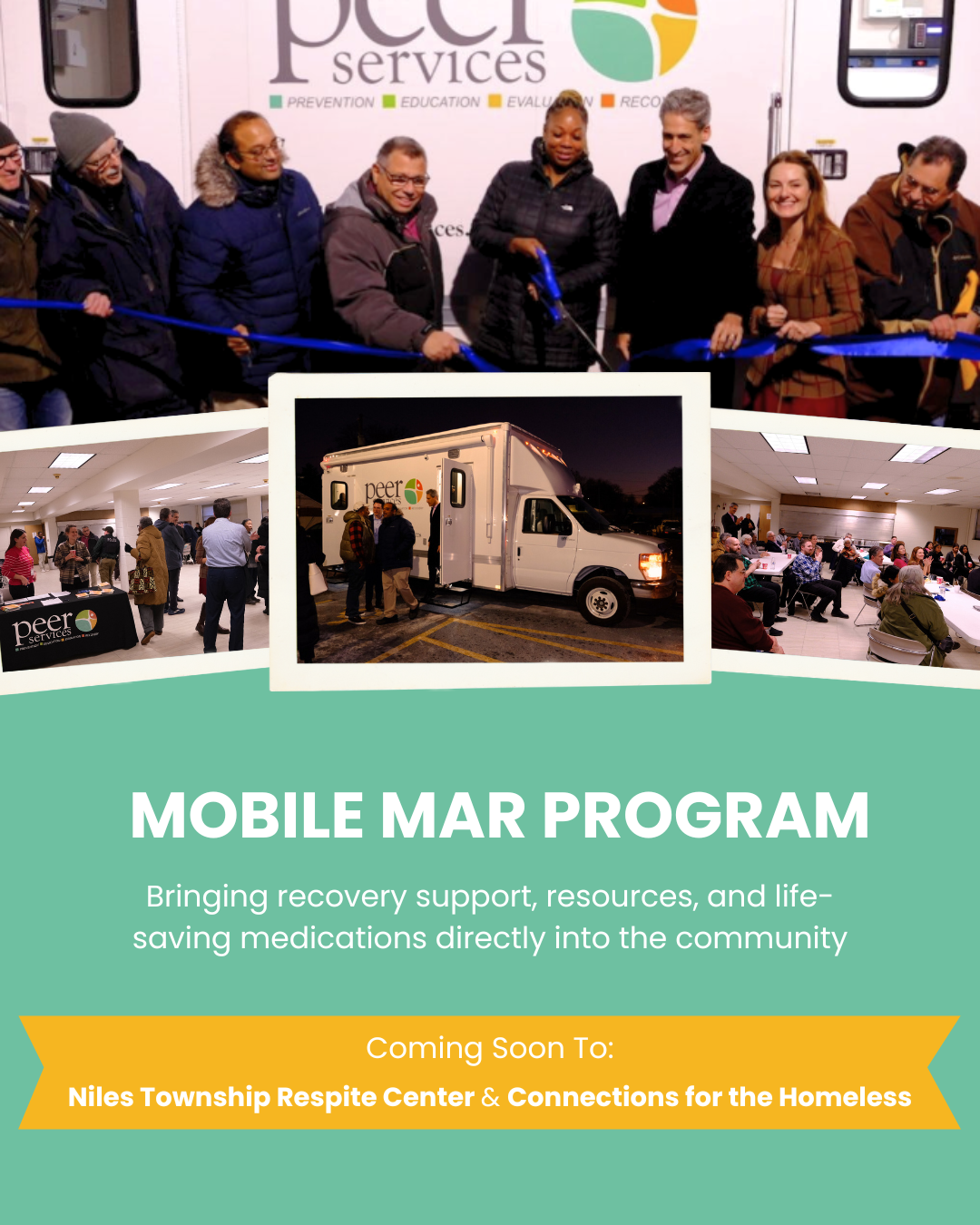 A promotional flyer for the Mobile MAR Program, featuring a group of diverse people at a ribbon-cutting event, a mobile medical van with the peer services logo, and a community gathering with tables and seated attendees.