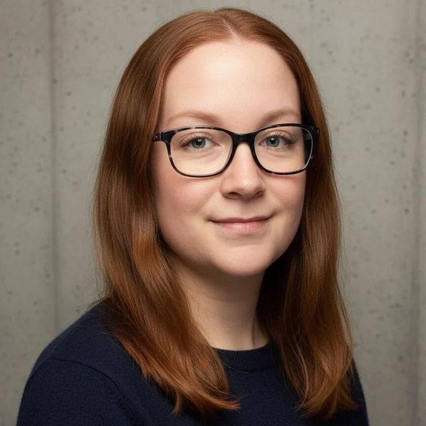 Portrait of a young woman with red hair, wearing black glasses, smiling softly, against a neutral background.