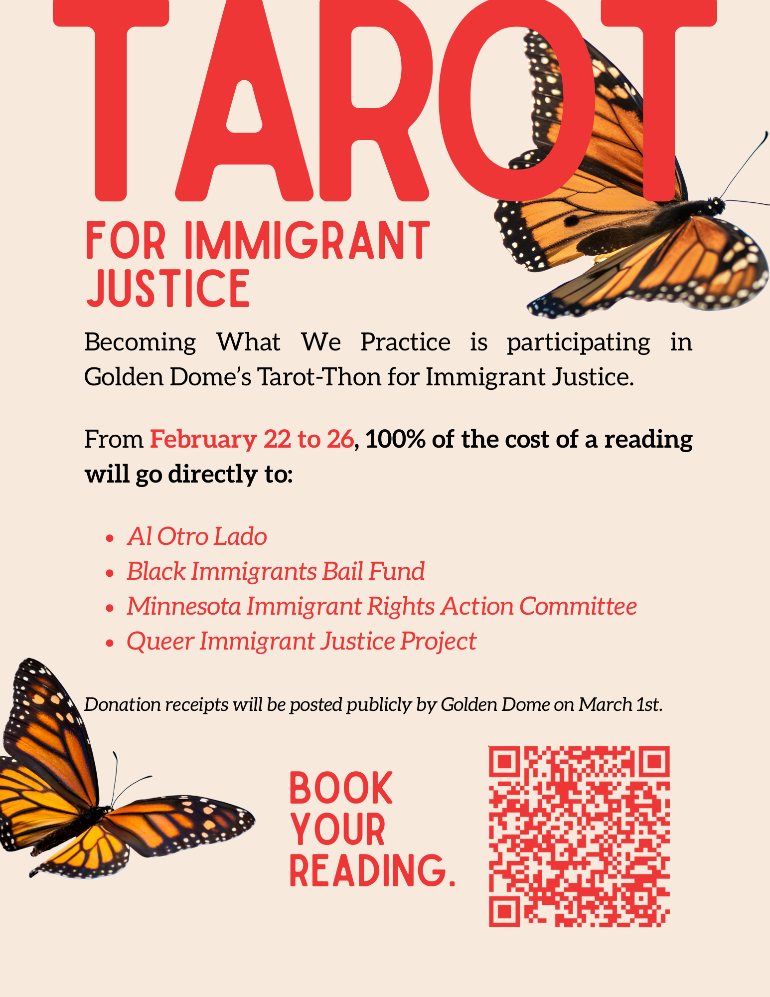 Flyer that says, "Tarot for Immigrant Justice" with monarch butterflies in the background.