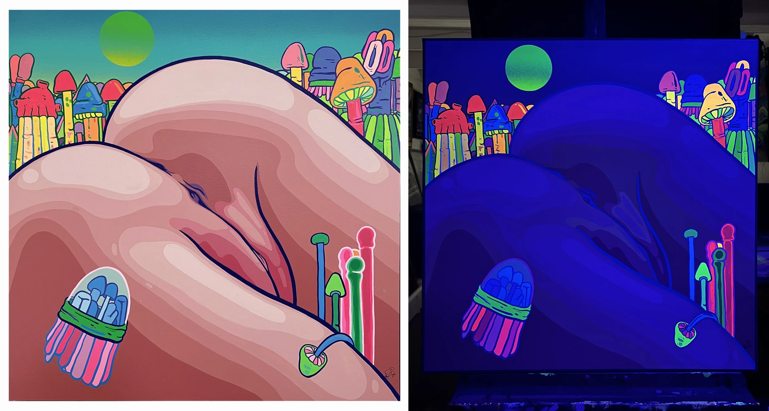 Montañas Mágicas; 2023; Acrílico y Spray sobre Lienzo; 60x60cm; Efecto neón