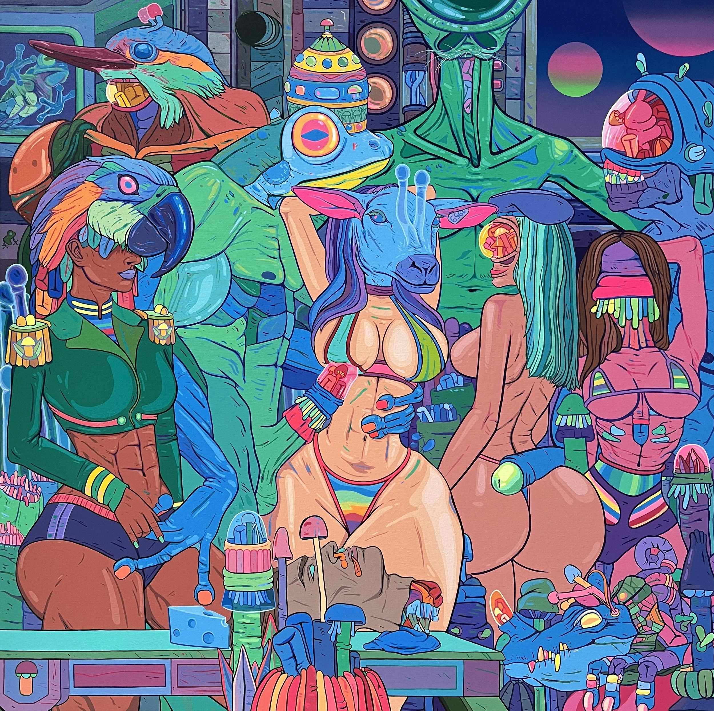 La muerte del buen hombre-Sinopsis cuántica espacial; 2023; Acrílico y Spray sobre Lienzo, 130x130cm