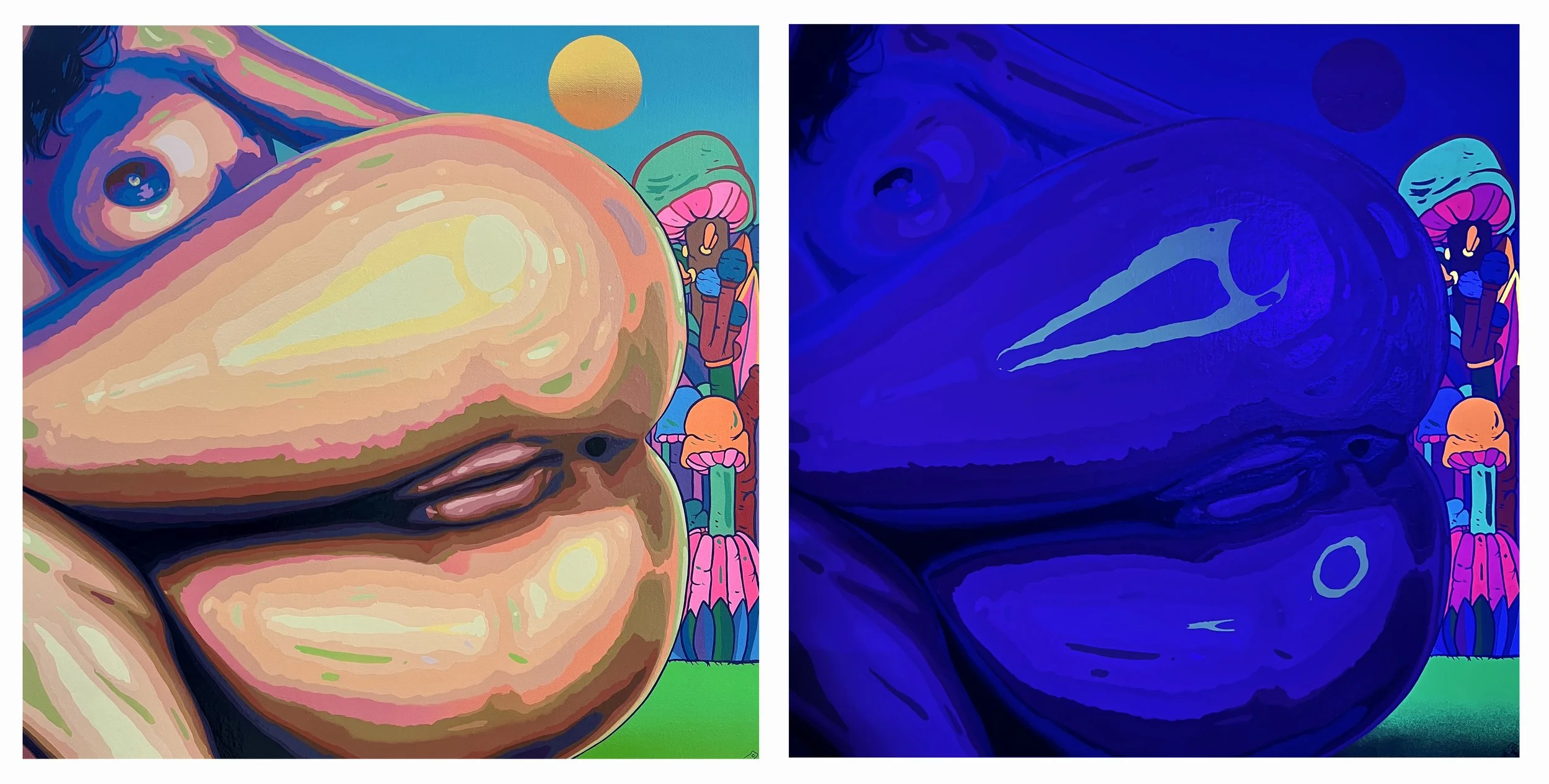 Luna en Mercurio; 2023;  Acrílico y Spray sobre Lienzo; 60x60cm; Efecto neón