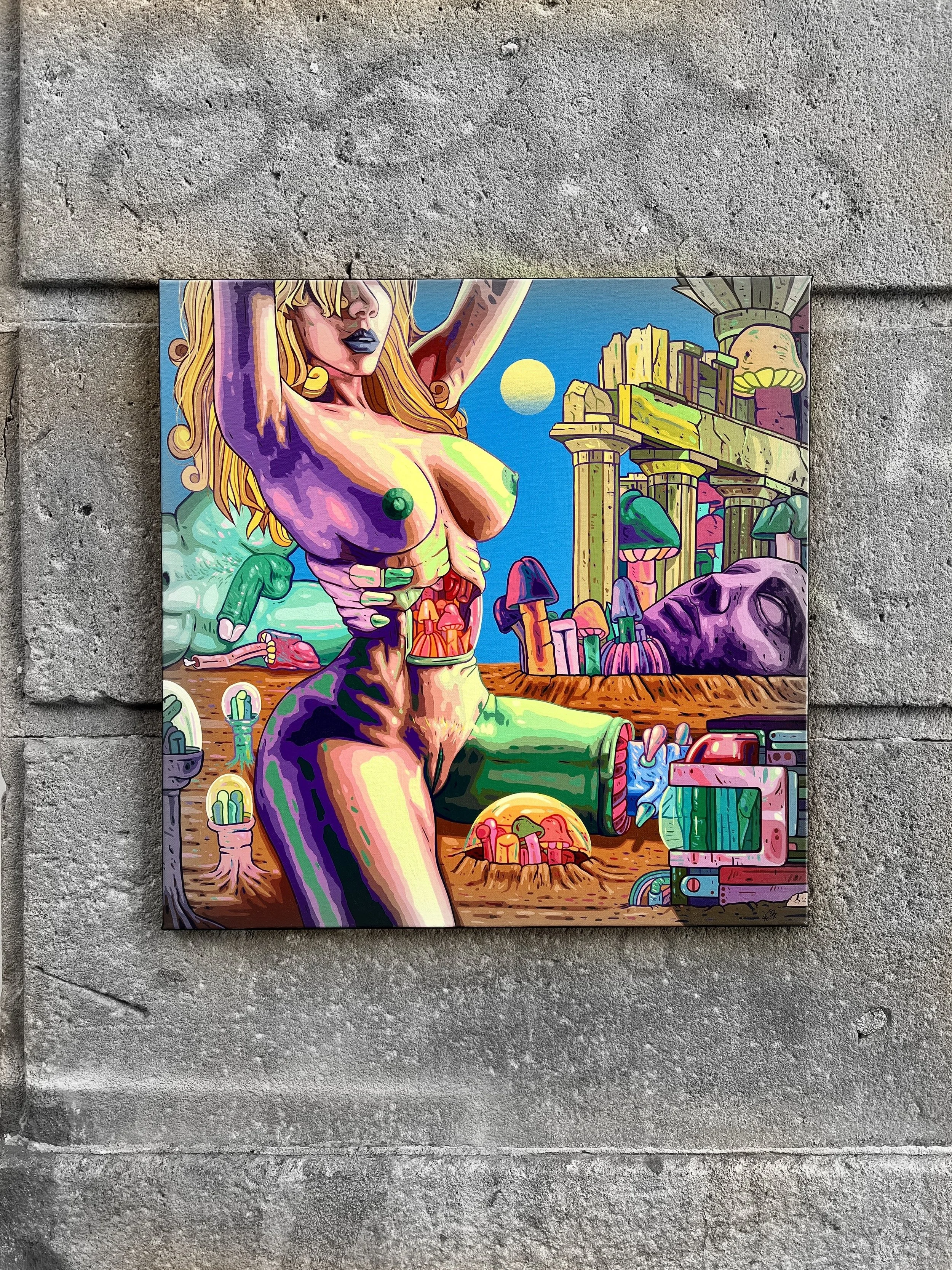 Desierto atencional-La caída del Imperio; 2024; Acrílico y Spray sobre Lienzo, 60x60cm