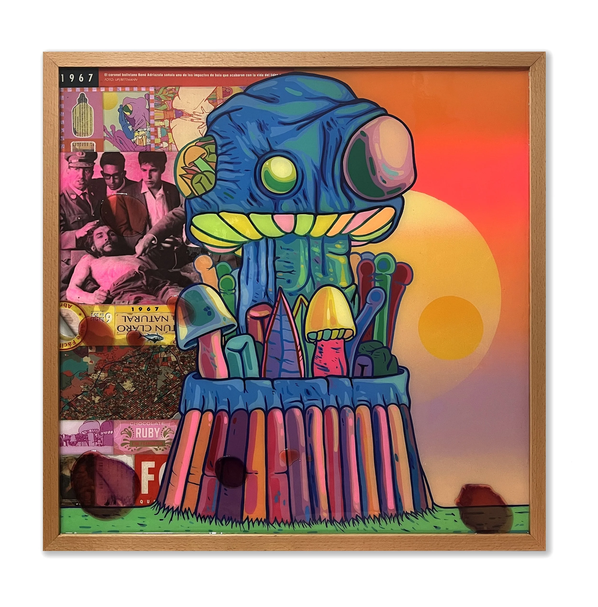 Que pague este que tiene más dinero; 2024; Acrílico, Spray, Collage sobre Madera; Terminación Resina; 64x64cm