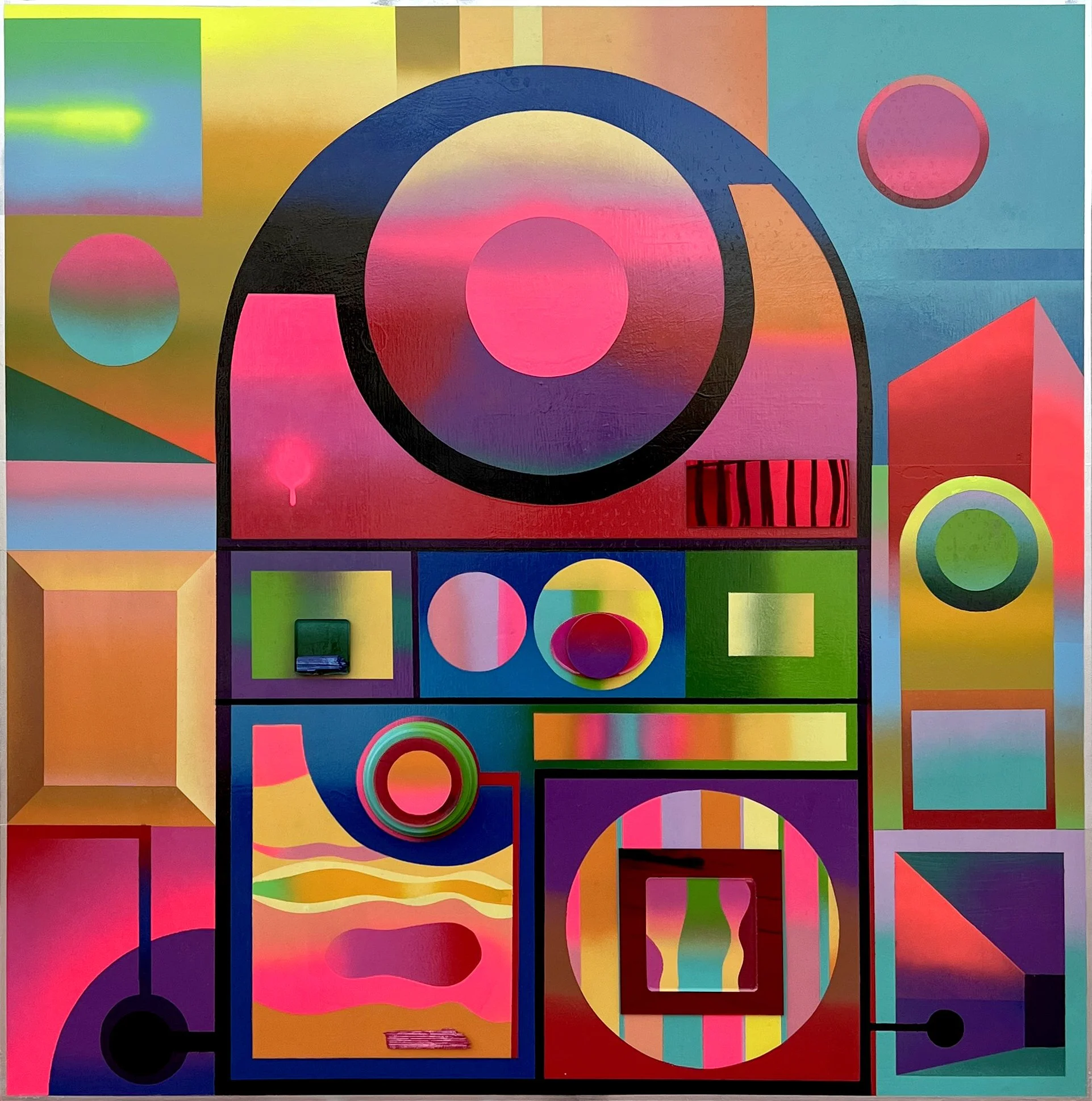 ABST. NO. 14- La célula del Partido; 2025; Spray, Resina, Madera, Metacrilato sobre Madera; 100x100cm