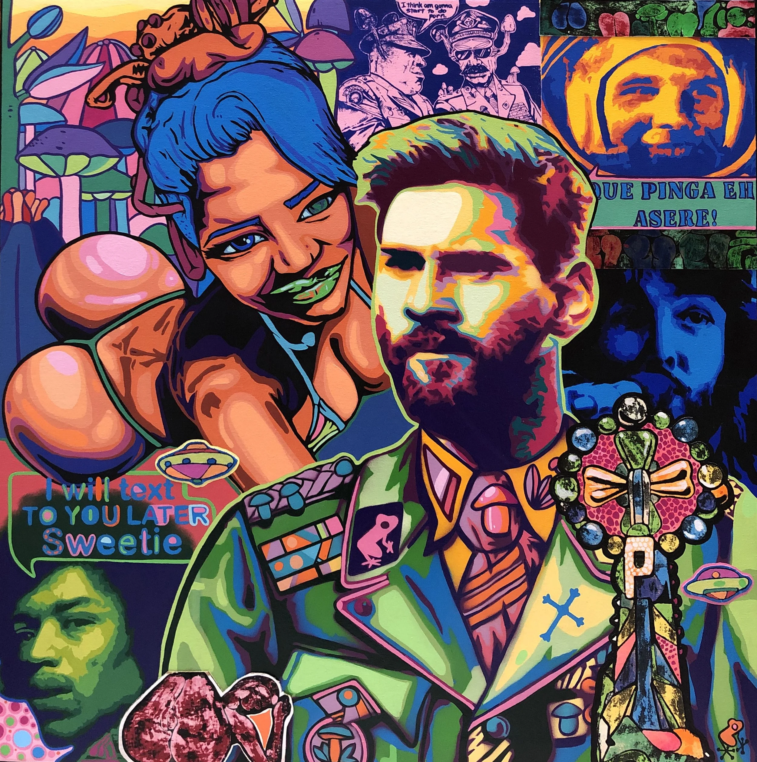 Selfie on the beach-wake up guys; 2020; Acrílico, Gouache, Collage sobre Lienzo; 100x100cm