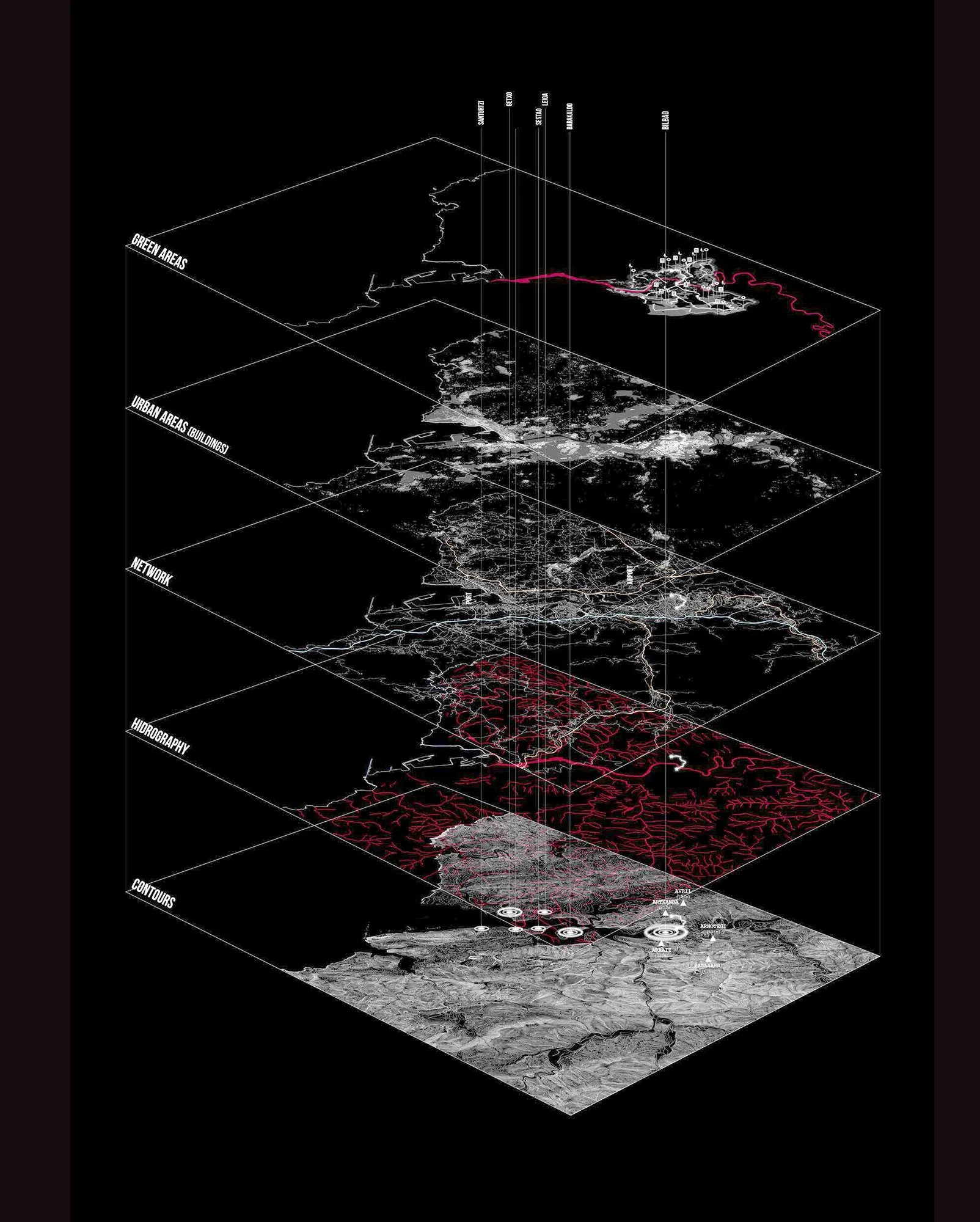 Coğrafi Bilgi Sistemi(CBS): Dijital dünya haritası, katmanlar halinde ülke coğrafyası, ağ bağlantıları, yapılar ve alanları gösteriyor. Coğrafi alanların veri katmanını ifade ediyor.