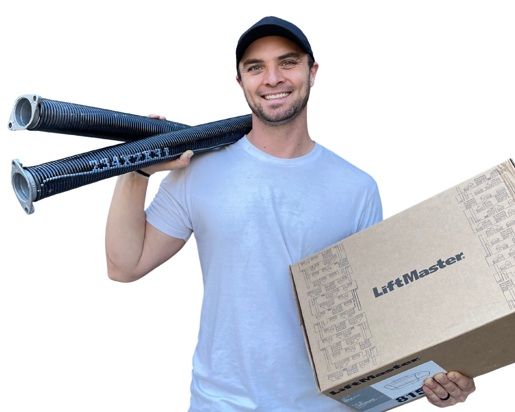 A man smiling while holding two flexible black pipes over his shoulder and a cardboard box labeled 'LiftMaster' in his other hand.