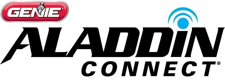 Logo for Genie Aladdin Connect with red and black text and a blue Wi-Fi icon