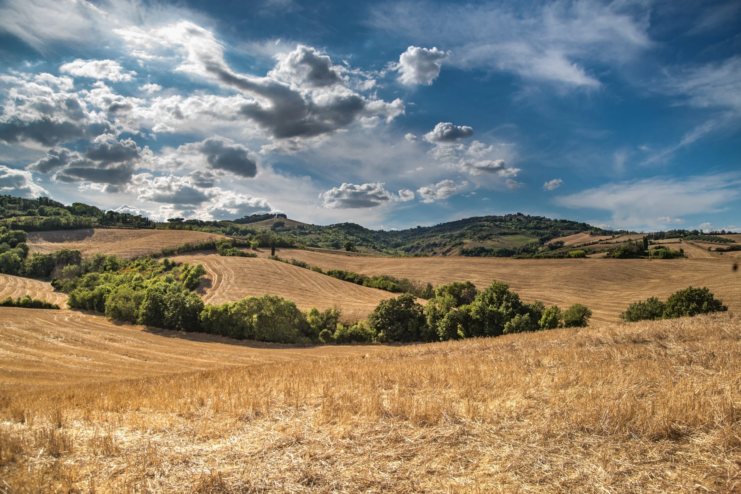 Scenic view of rolling countryside with cultivated fields, green trees, and hills under a partly cloudy sky.