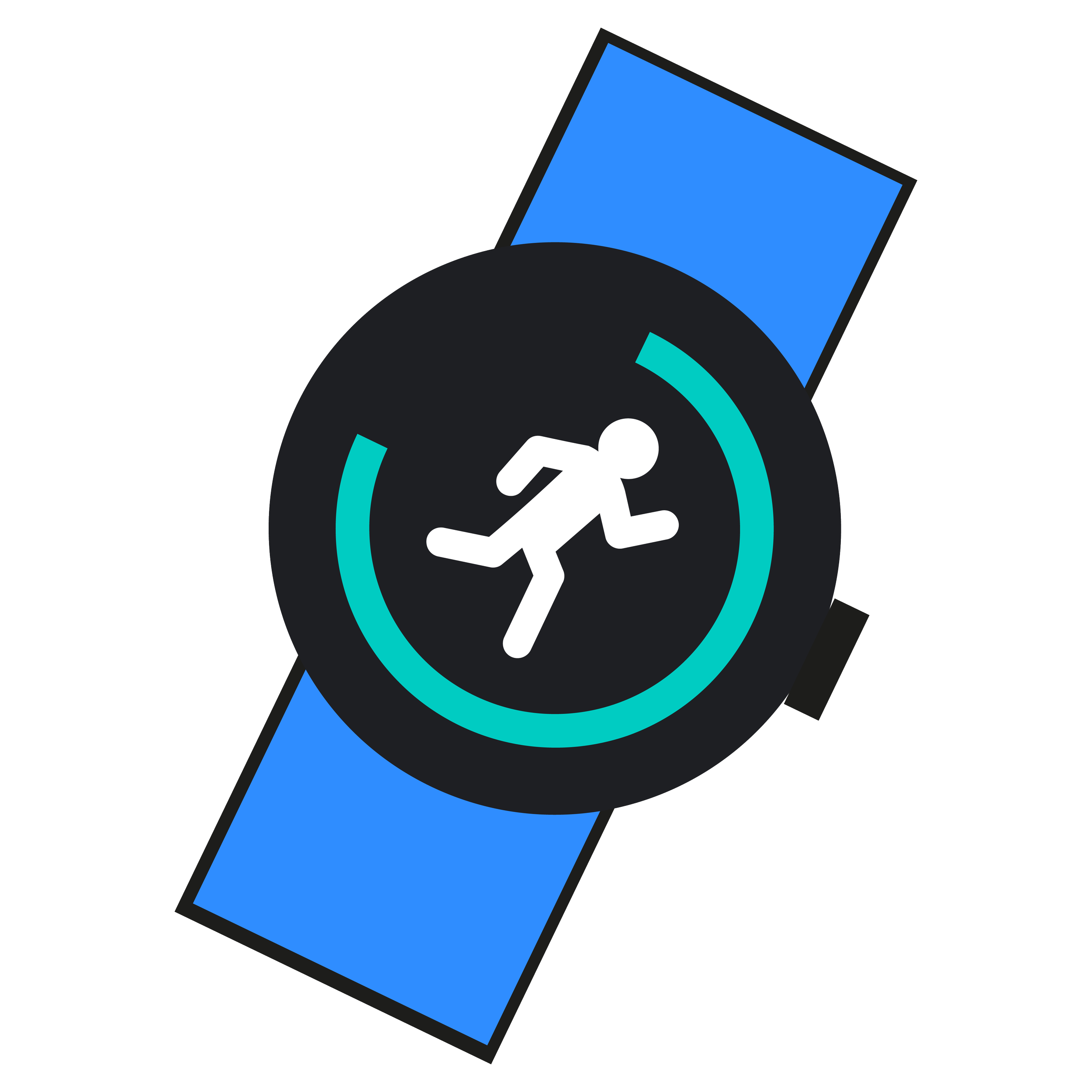 Une montre connectée affichant une icône de course à pied au centre de l'écran et un bandeau bleu à l'arrière.