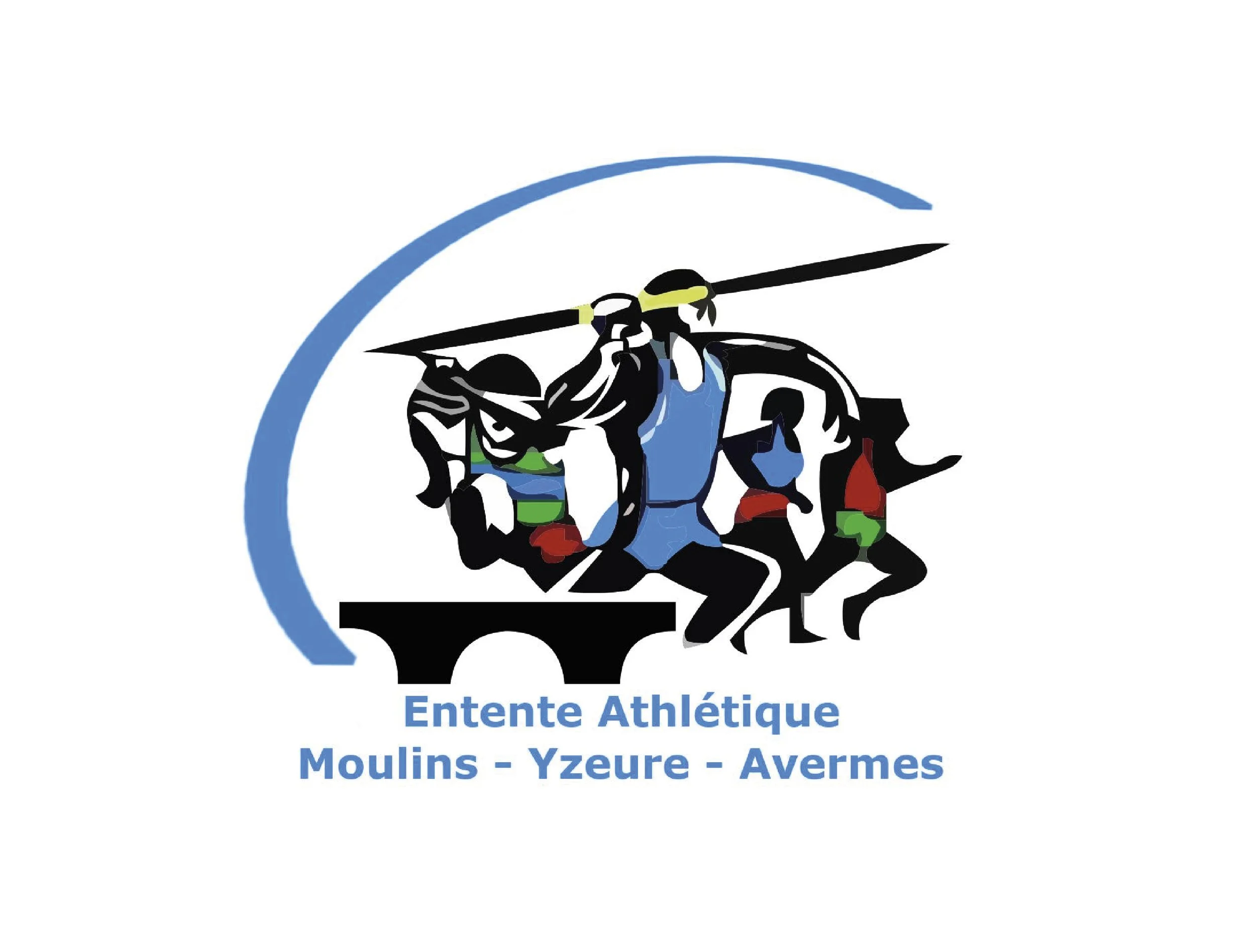 Logo de l'Entente Athlétique Moulins-Yzeure-Avermes, représentant un athlète en mouvement, avec un arc stylisé bleu au-dessus et le nom de l'entité en bleu en dessous.