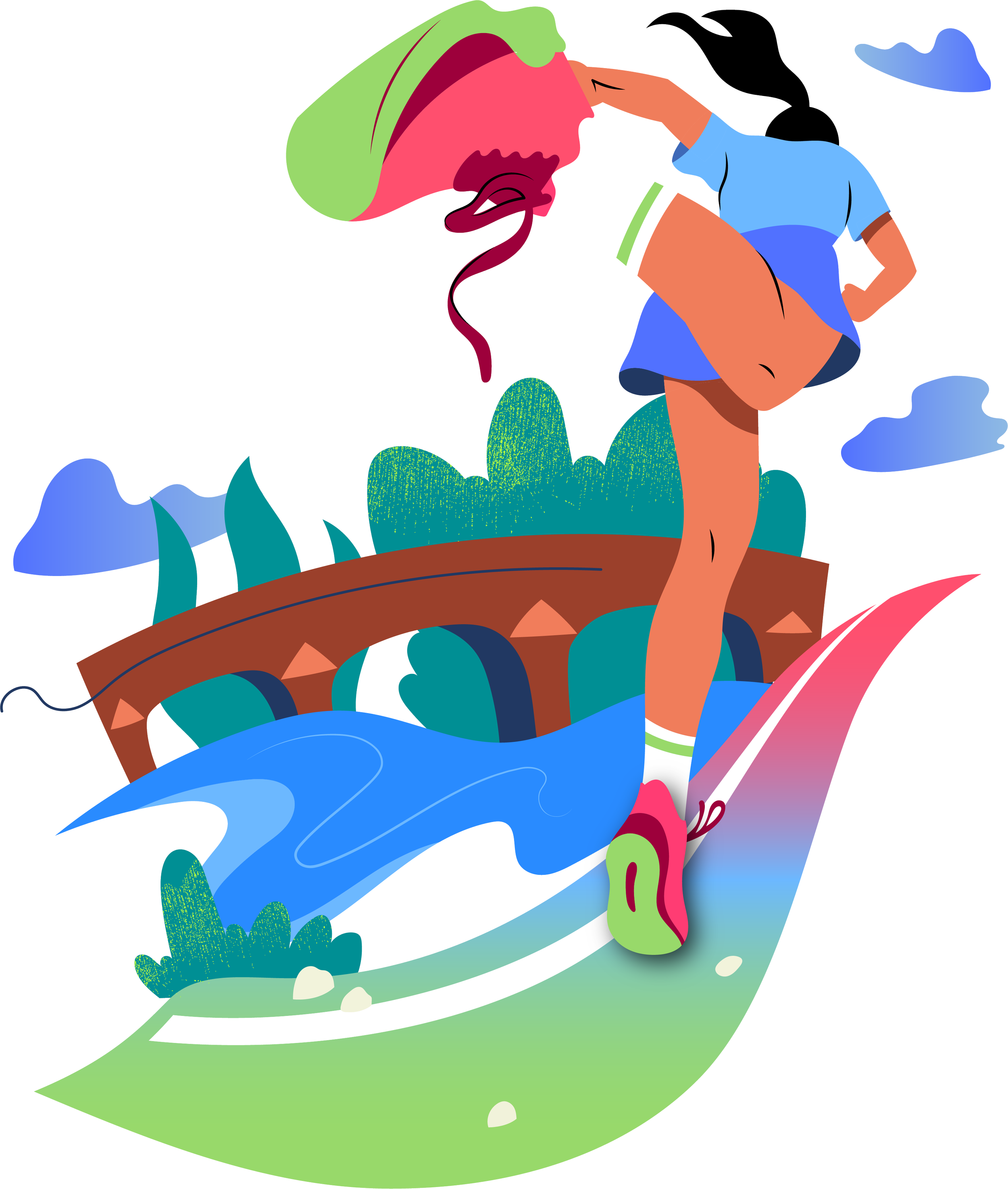 Illustration colorée d'une femme avec un sac à dos, en équilibre sur un pont en bois suintant au-dessus d'une rivière. Elle porte une chemise bleue, un short orange, et des chaussettes blanches. Il y a des nuages bleus dans le ciel, et des végétation verte autour de la rivière.