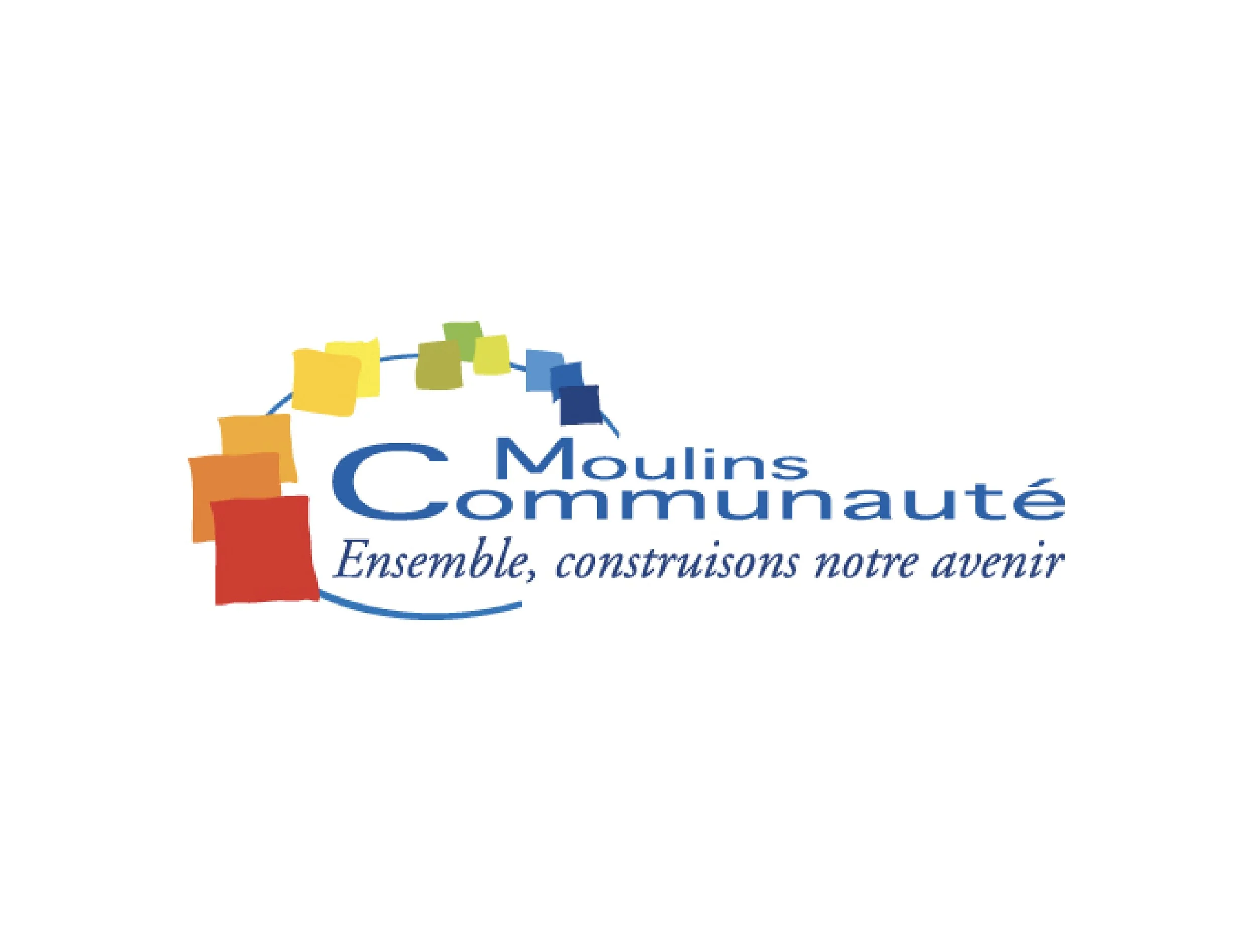 Logo de Moulins Communauté avec des carrés colorés en arc de cercle, le texte "Moulins Communauté" en bleu et le slogan "Ensemble, construisons notre avenir".