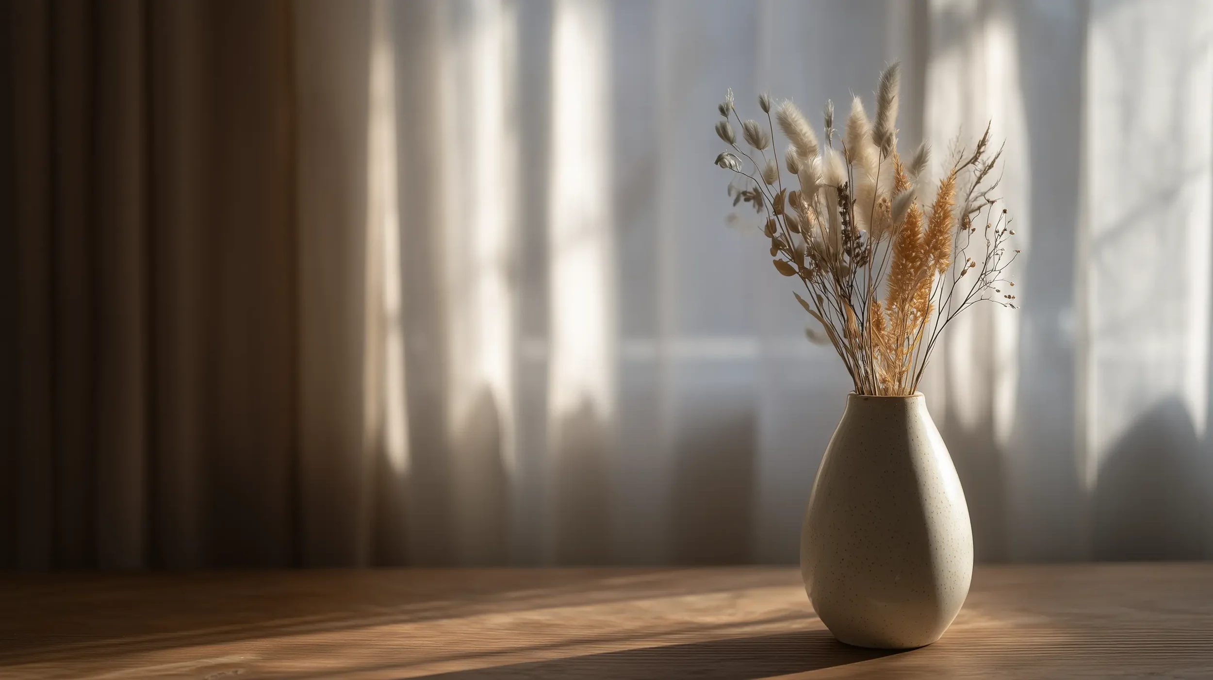 A beige ceramic vase with dried flowers and grasses on a wooden surface, with curtains and window in the background.