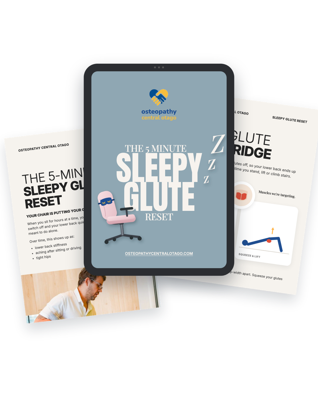 Free Sleepy Glute Reset lower back and glute exercise guide from Osteopathy Central Otago shown on a tablet