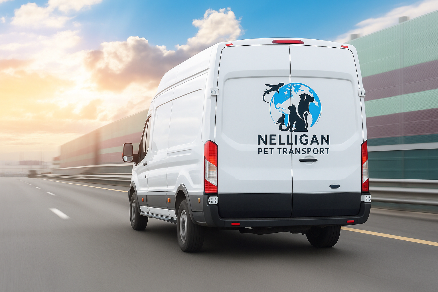 White pet transport van with Nelligan Pet Transport logo driving on a highway during sunset.