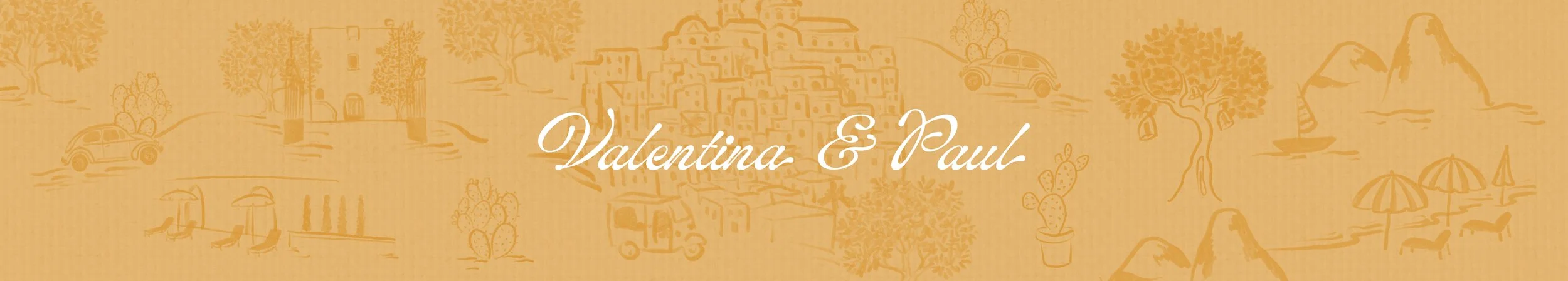 Light yellow background with illustrations of trees, cars, cacti, and umbrellas, and the text 'Valentina & Paul' in white cursive in the center.