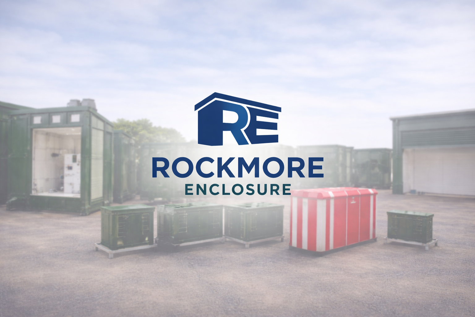 Rockmore Enclosure logo with a stylized house and the words 'Rockmore Enclosure' over a background of outdoor storage units and crates.