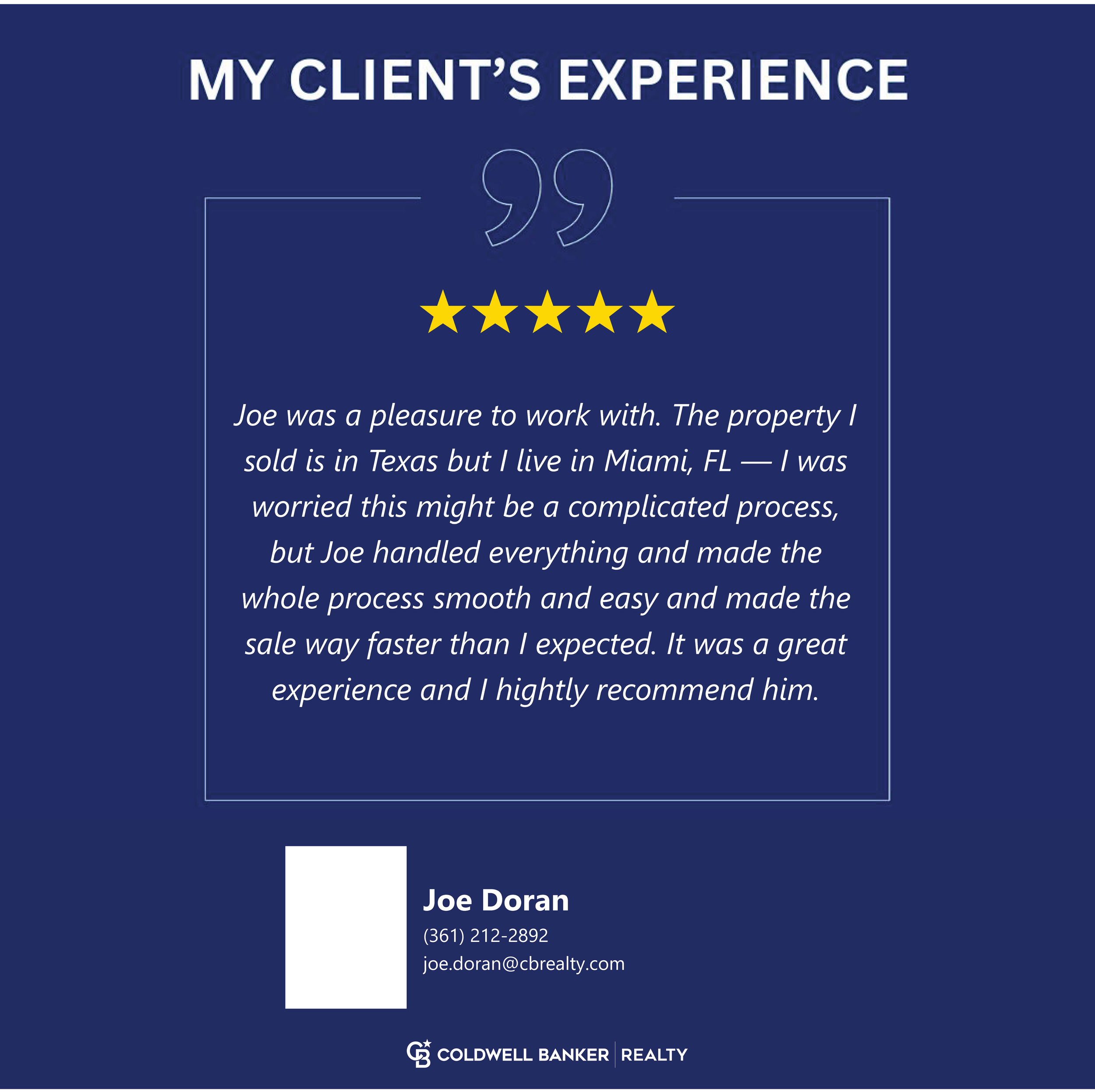 Customer testimonial for Coldwell Banker Realty featuring a five-star review, with the customer's name, contact information, and company logo at the bottom.