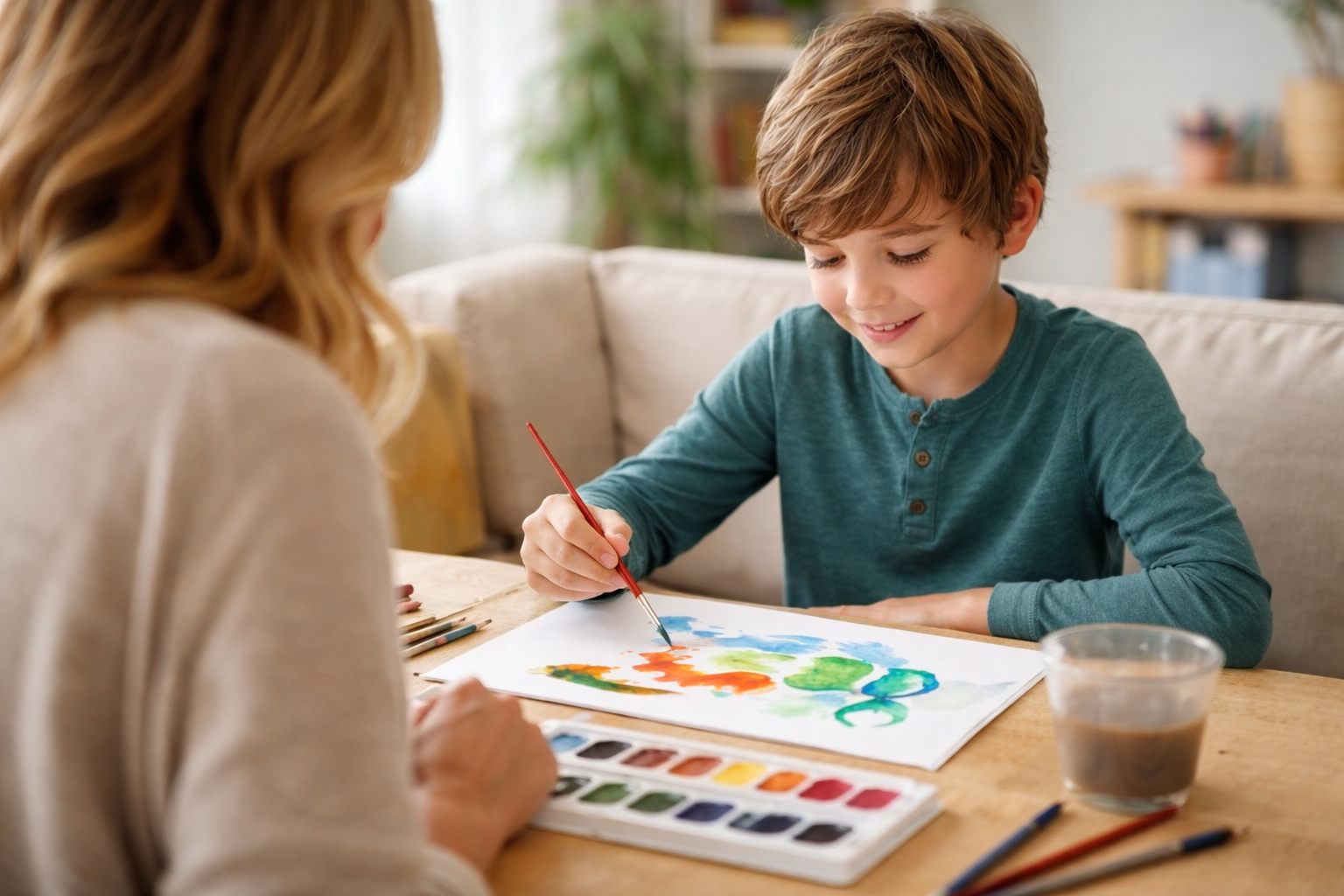 A young boy painting with watercolors while sitting at a wooden table with a woman in a cozy home setting.