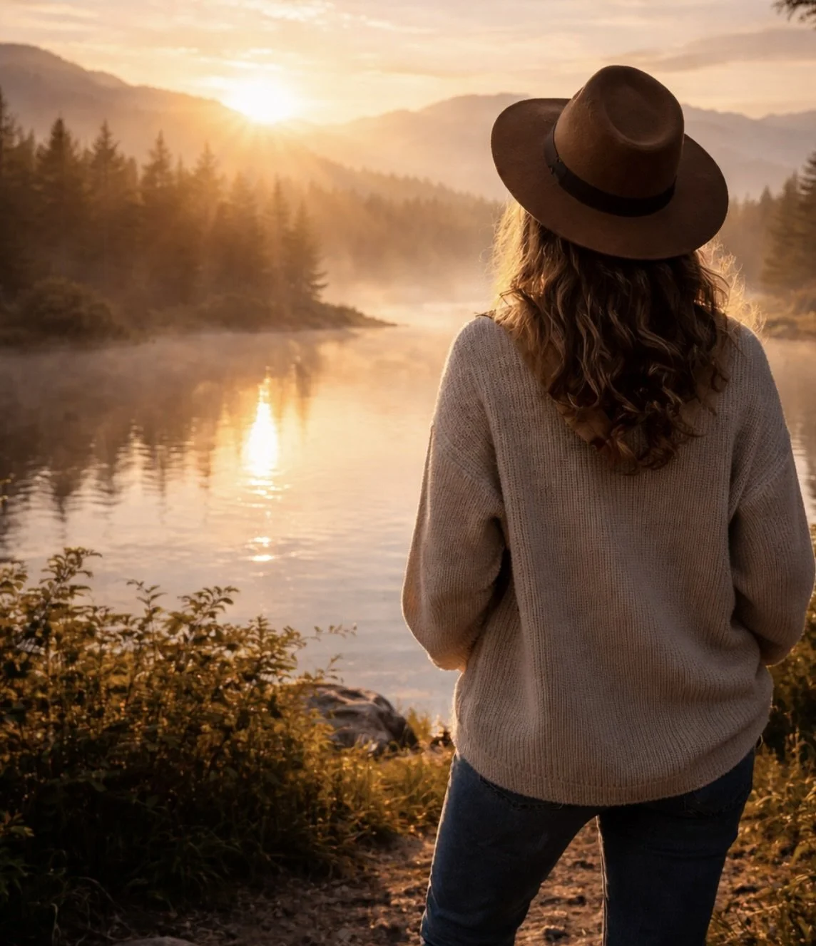 A person with curly hair wearing a brown hat and a beige sweater, standing by a river at sunrise or sunset, surrounded by trees and mountains.