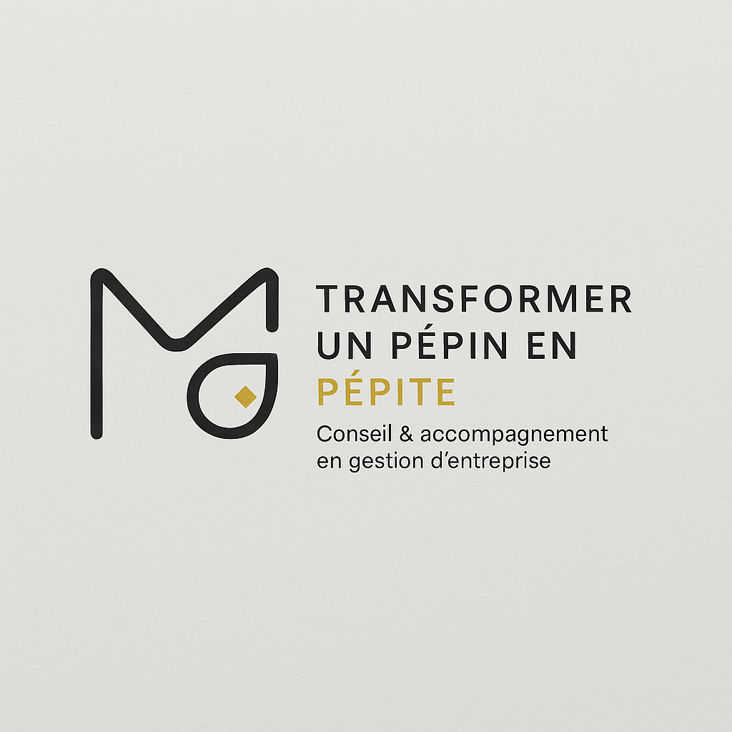 Logo avec un symbole stylisé d'une pépite d'or et le texte: "Transformer un pépin en pépite" avec la sous-phrase "Conseil & accompagnement en gestion d'entreprise"