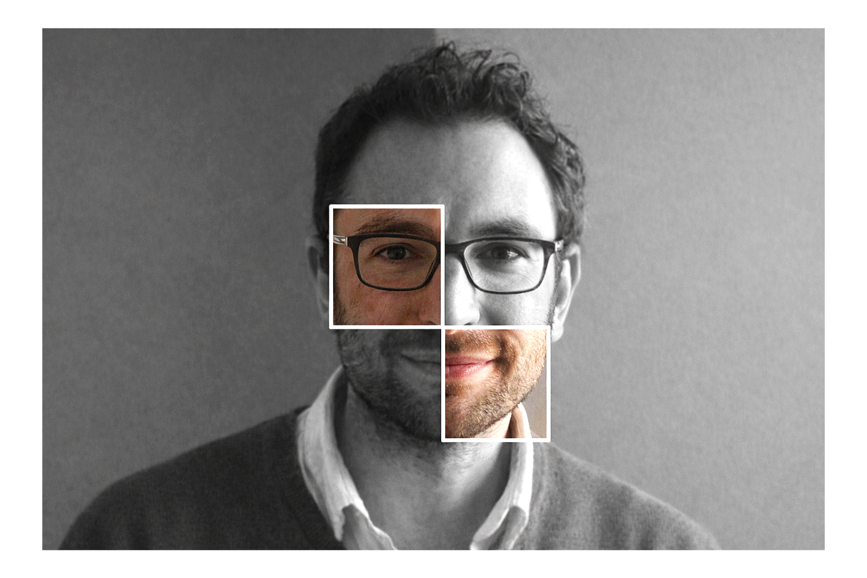 Ombré du visage d'une personne, moitié en couleur et moitié en noir et blanc, avec deux sections zoomées mettant en évidence ses yeux et sa bouche.