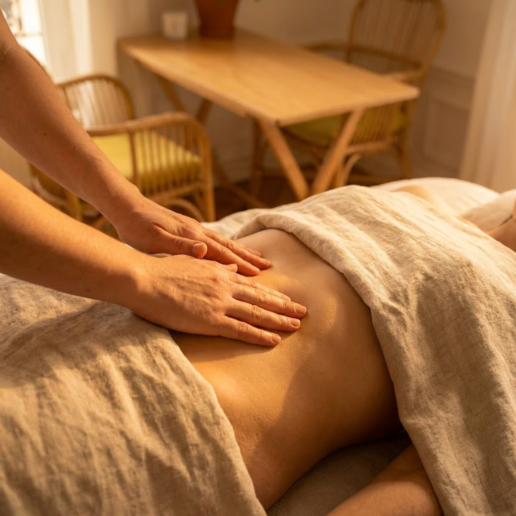 Une personne reçoit un massage thérapeutique sur le dos dans un environnement chaleureux et relaxant.