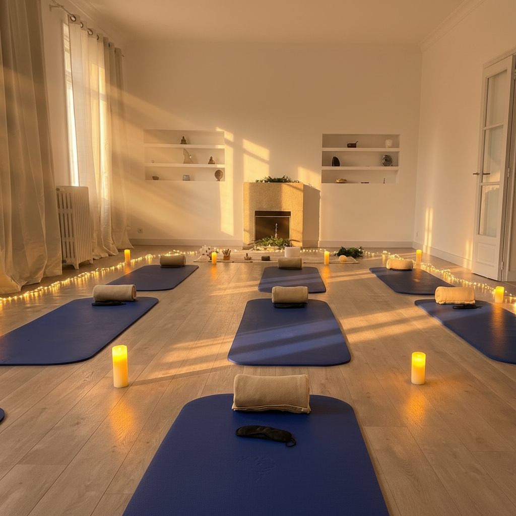 Salle de yoga avec tapis bleus, bougies, rouleaux de massage, et décor minimaliste