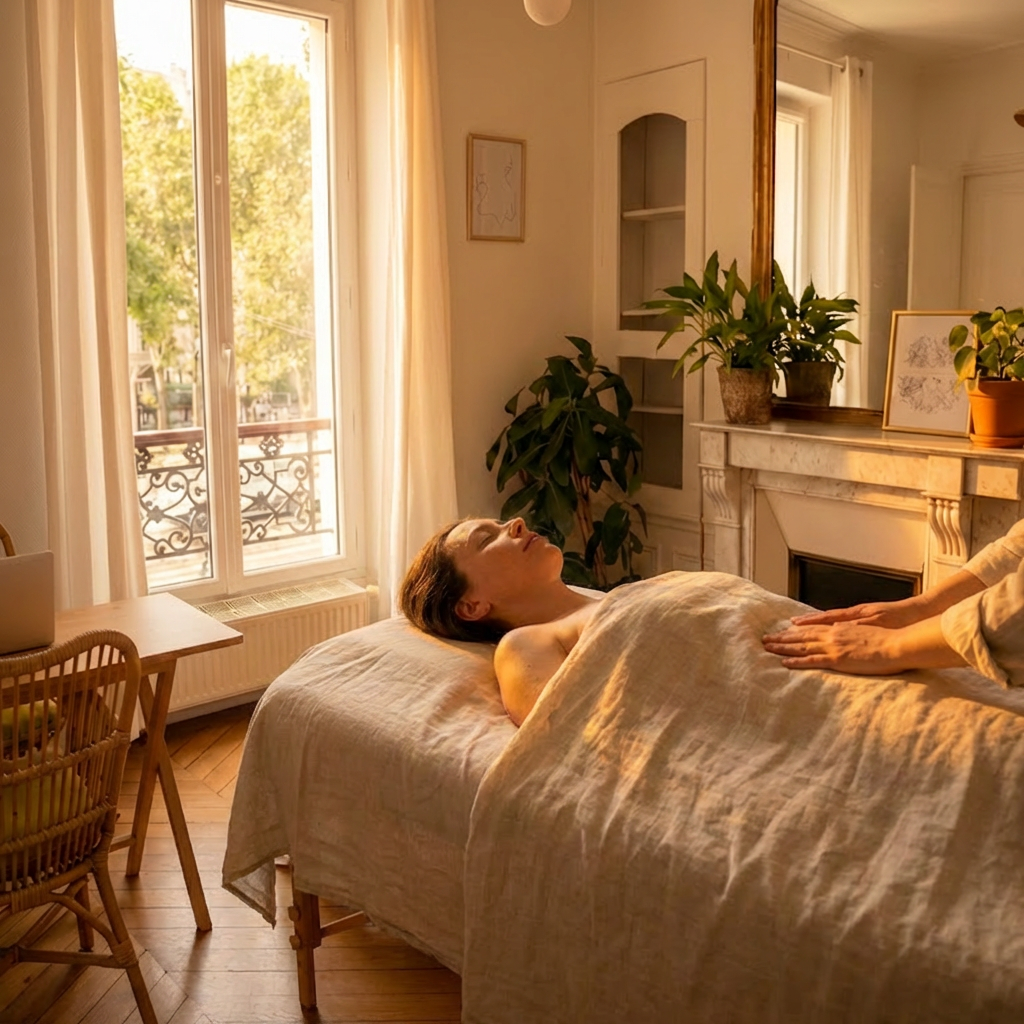 Une femme allongée sur un lit reçoit un massage dans une pièce lumineuse avec des plantes et une cheminée.