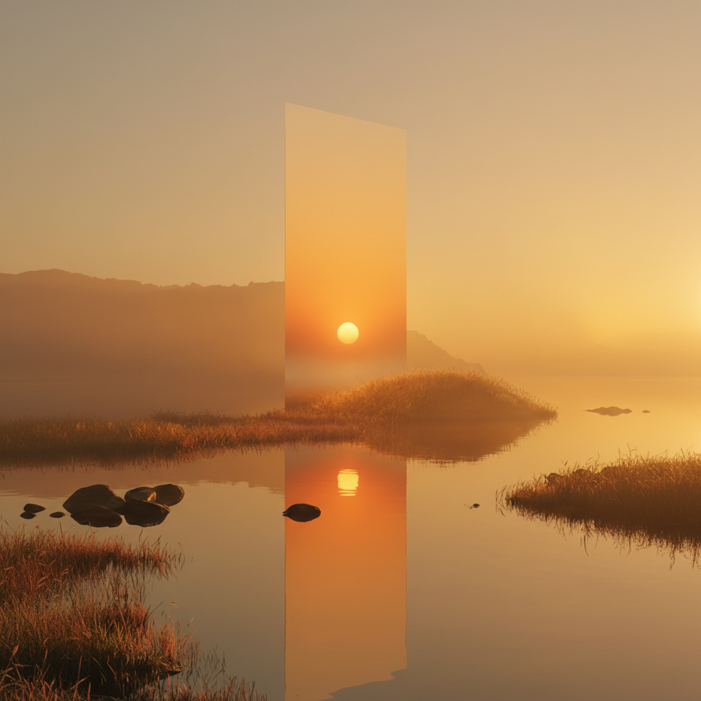 Un paysage serein de rivière ou lac au coucher du soleil, avec une grande structure rectangulaire semi-transparente reflétant le soleil et des rochers au premier plan.