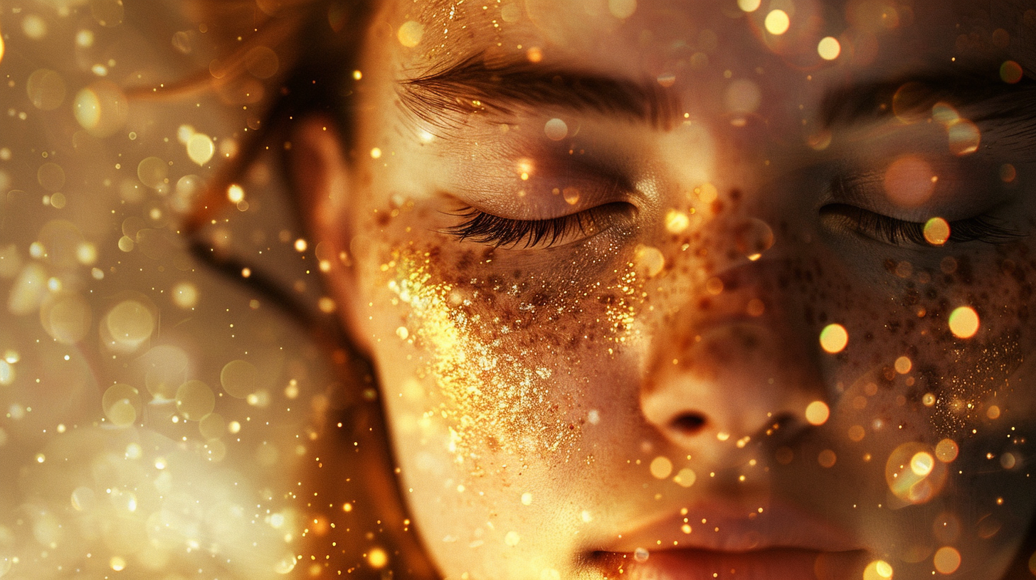 Close-up d'une personne avec des étincelles dorées sur le visage, yeux fermés, créant un effet magique et brillant.