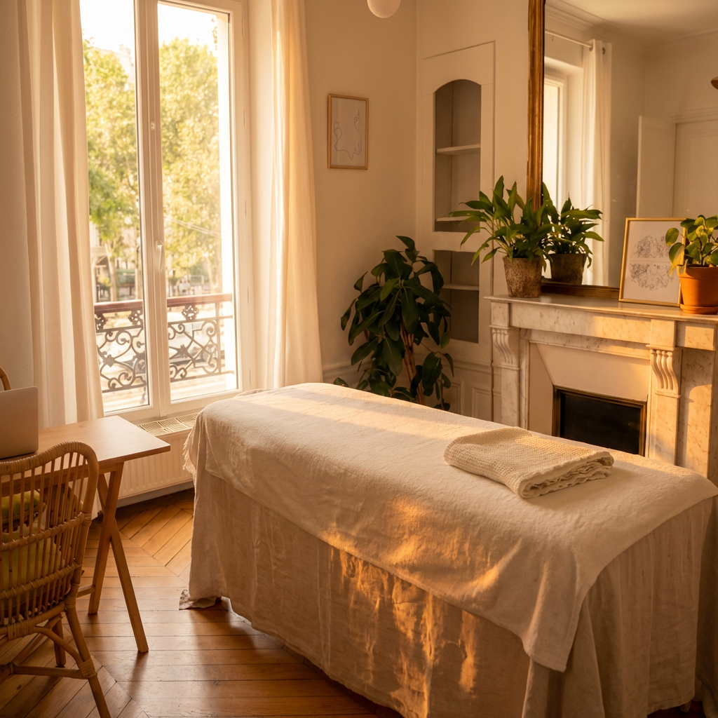 Salon de soins avec une table de massage couverte d'un drap blanc, près d'une grande fenêtre laissant entrer la lumière naturelle, avec des plantes vertes sur une cheminée en marbre et un miroir.