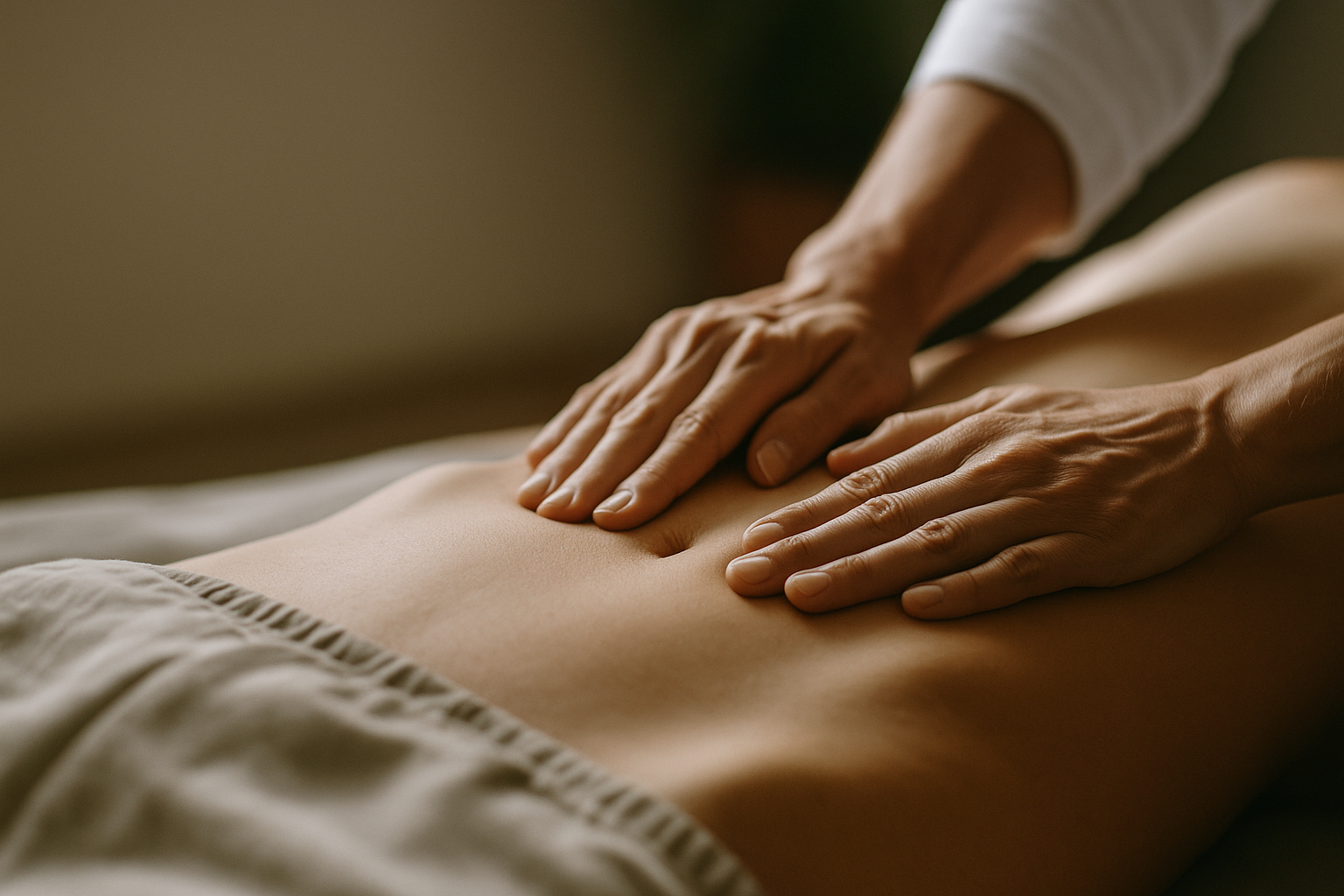 Une personne reçoit un massage sur le dos dans une ambiance calme et chaleureuse.