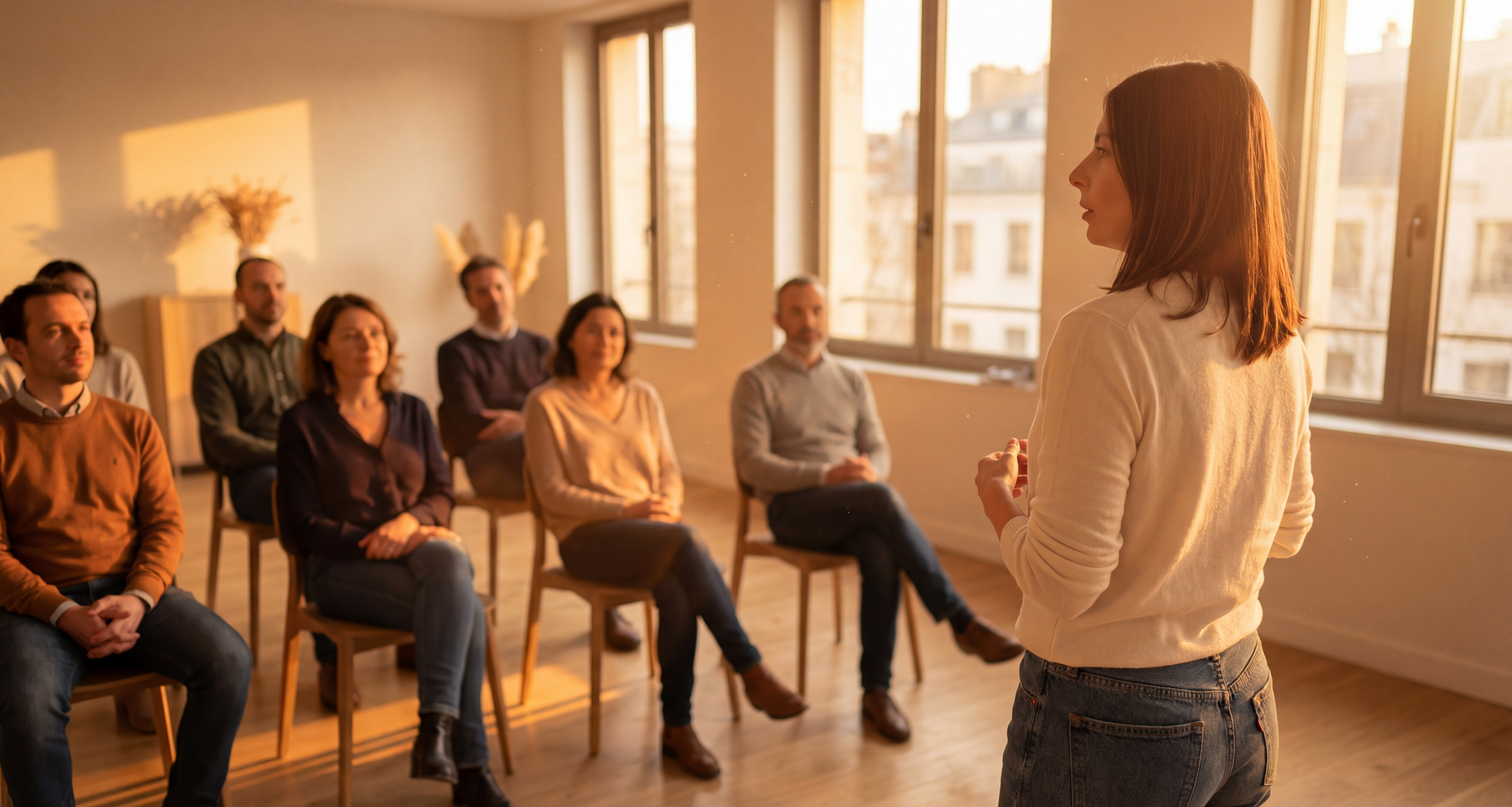 Une femme donne une présentation à un groupe de personnes assises dans une pièce lumineuse avec de grandes fenêtres. L'éclairage est chaud, suggérant un moment de fin d'après-midi.