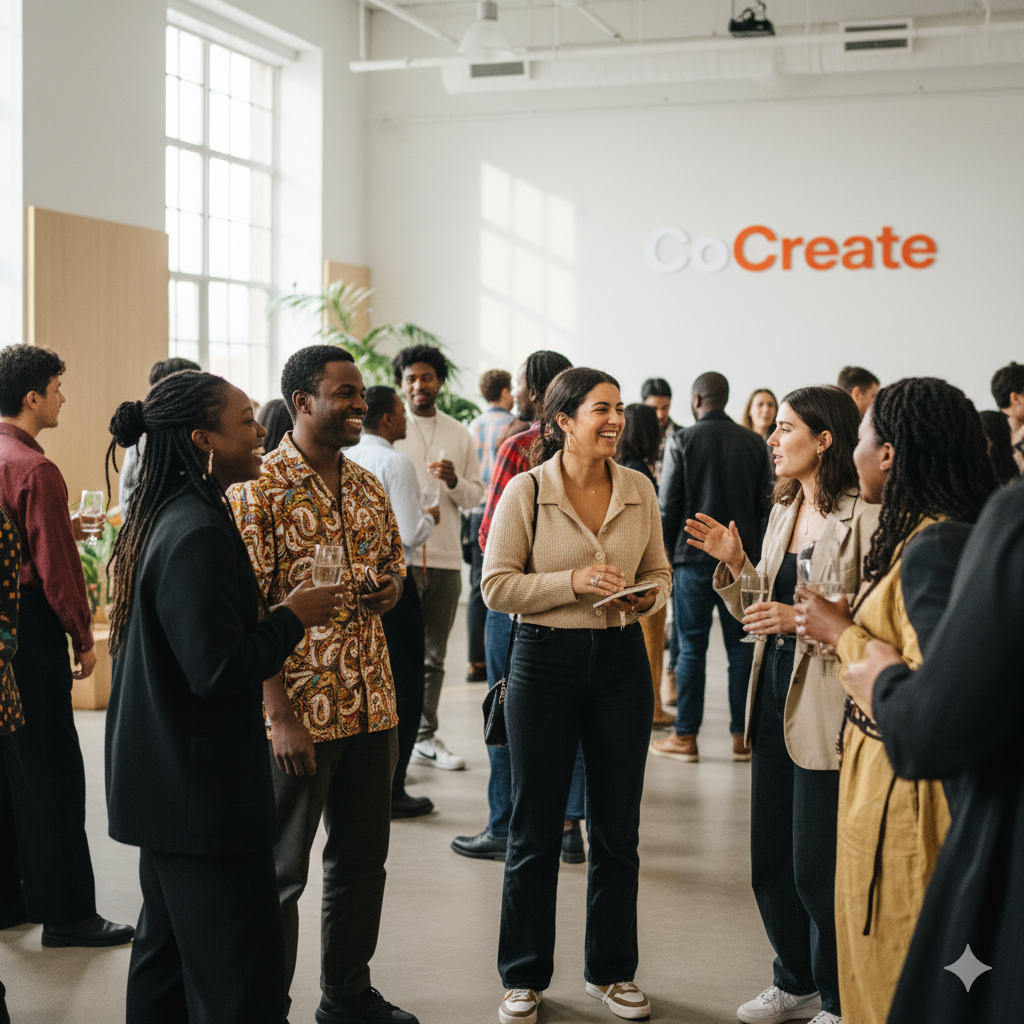Group of diverse young adults socializing at a professional event in a bright, modern space with large windows and the word 'Create' on the wall.