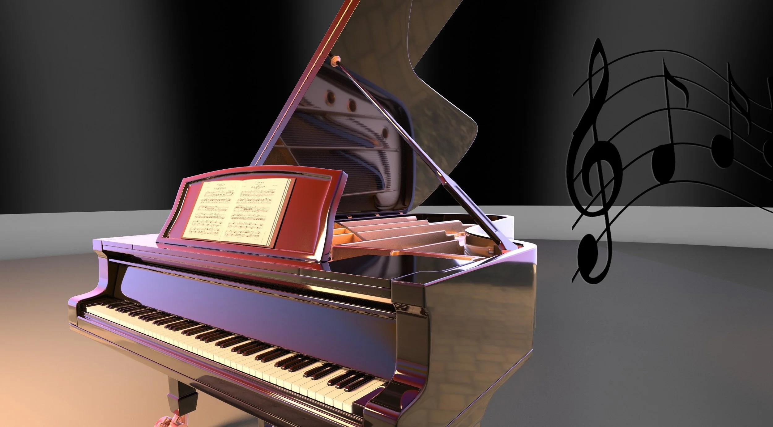 grand piano with sheet music on the music stand, set against a dark background with musical notes on the wall.