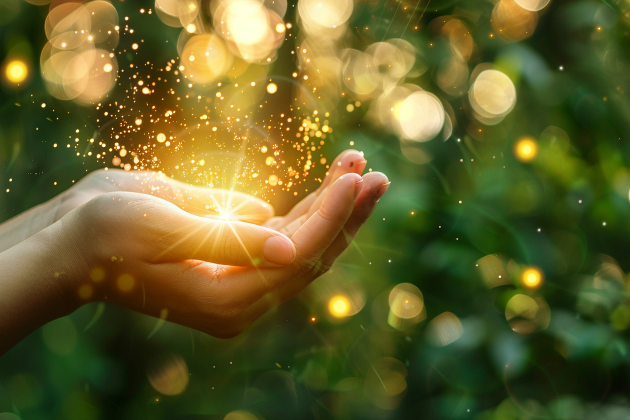 A person's hand gently holding a glowing spark with golden light and glittering particles in a green blurred background.
