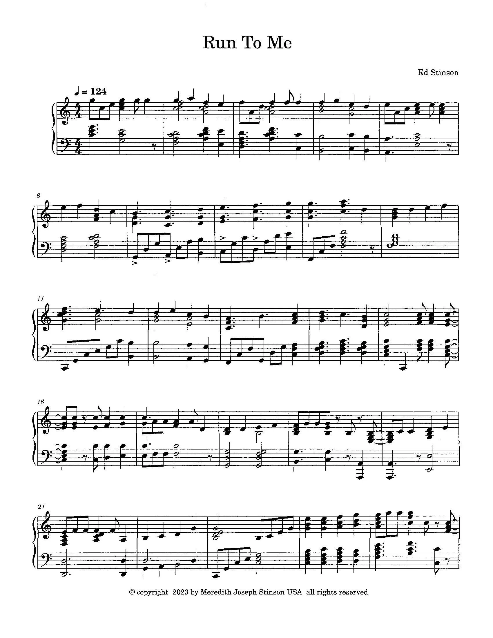 Cover art for the piano sheet music Run to Me, presented in a clean, minimal layout for an expressive solo piano piece.