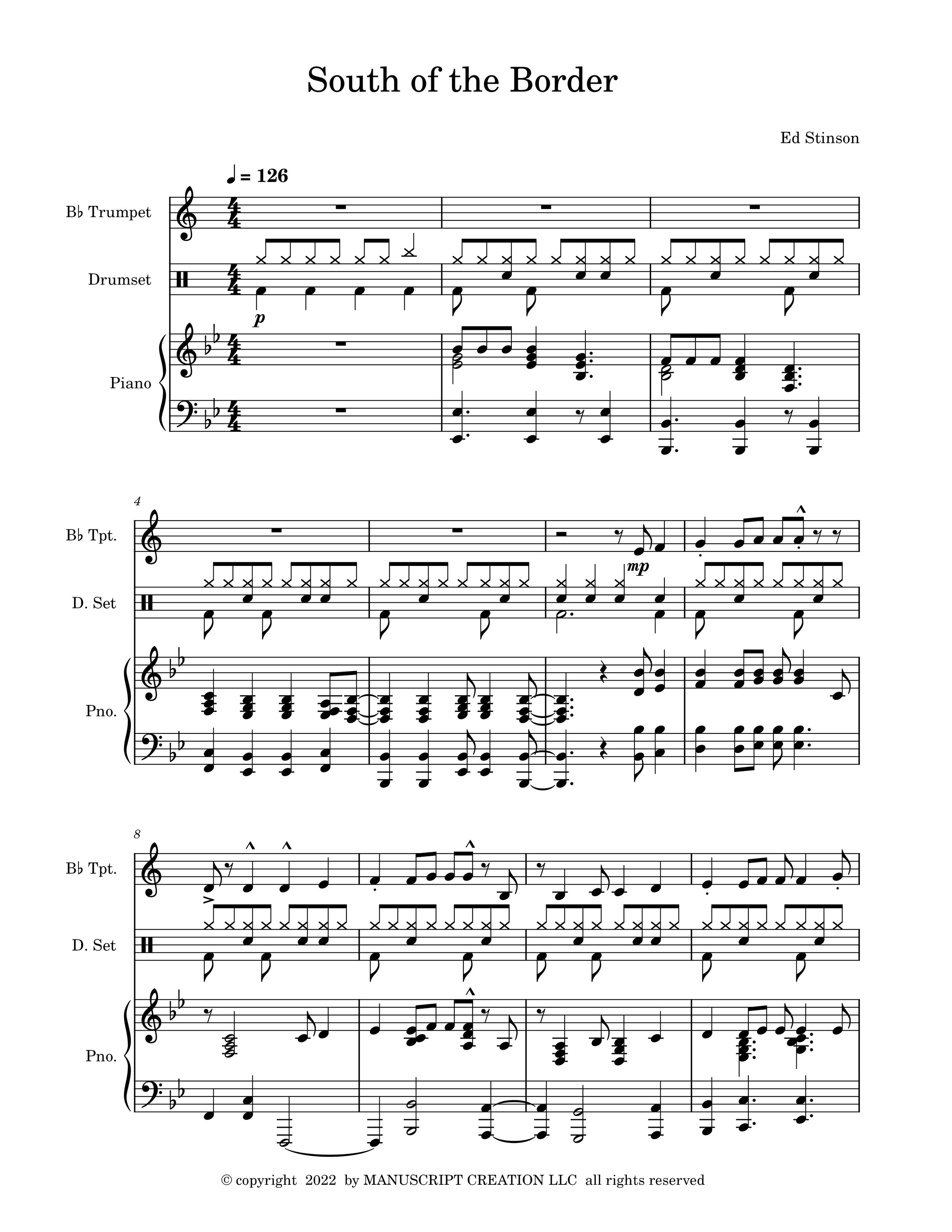 A clean, easy‑to‑read piano sheet music PDF titled South of the Border, showing neatly spaced notation with a bright, rhythmic feel that suggests a lively, Latin‑inspired groove.