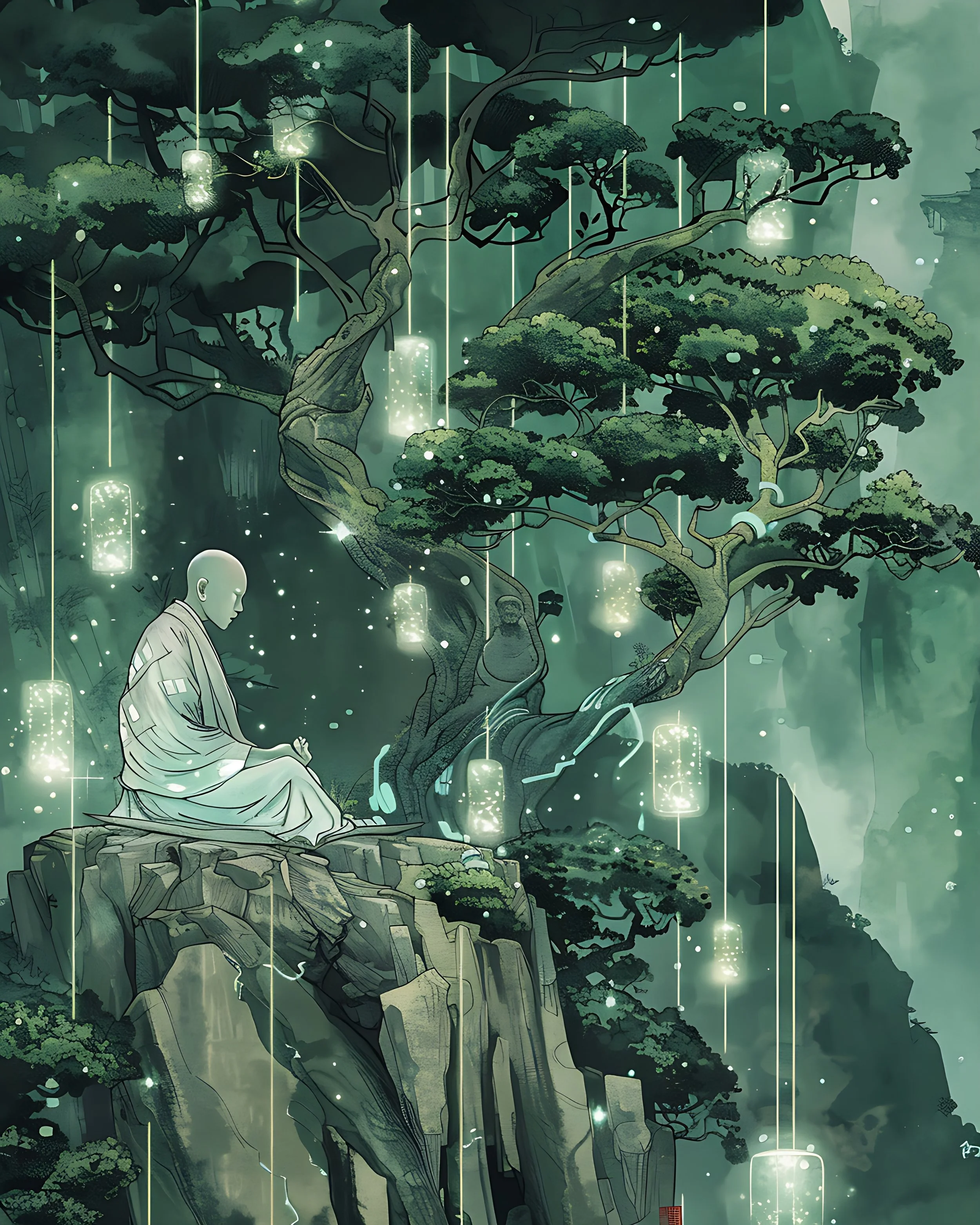 An artistic illustration of a Buddhist monk sitting cross-legged on a rocky cliff in a lush, green forest with glowing lanterns hanging from the trees, emitting a soft light, creating a mystical atmosphere.