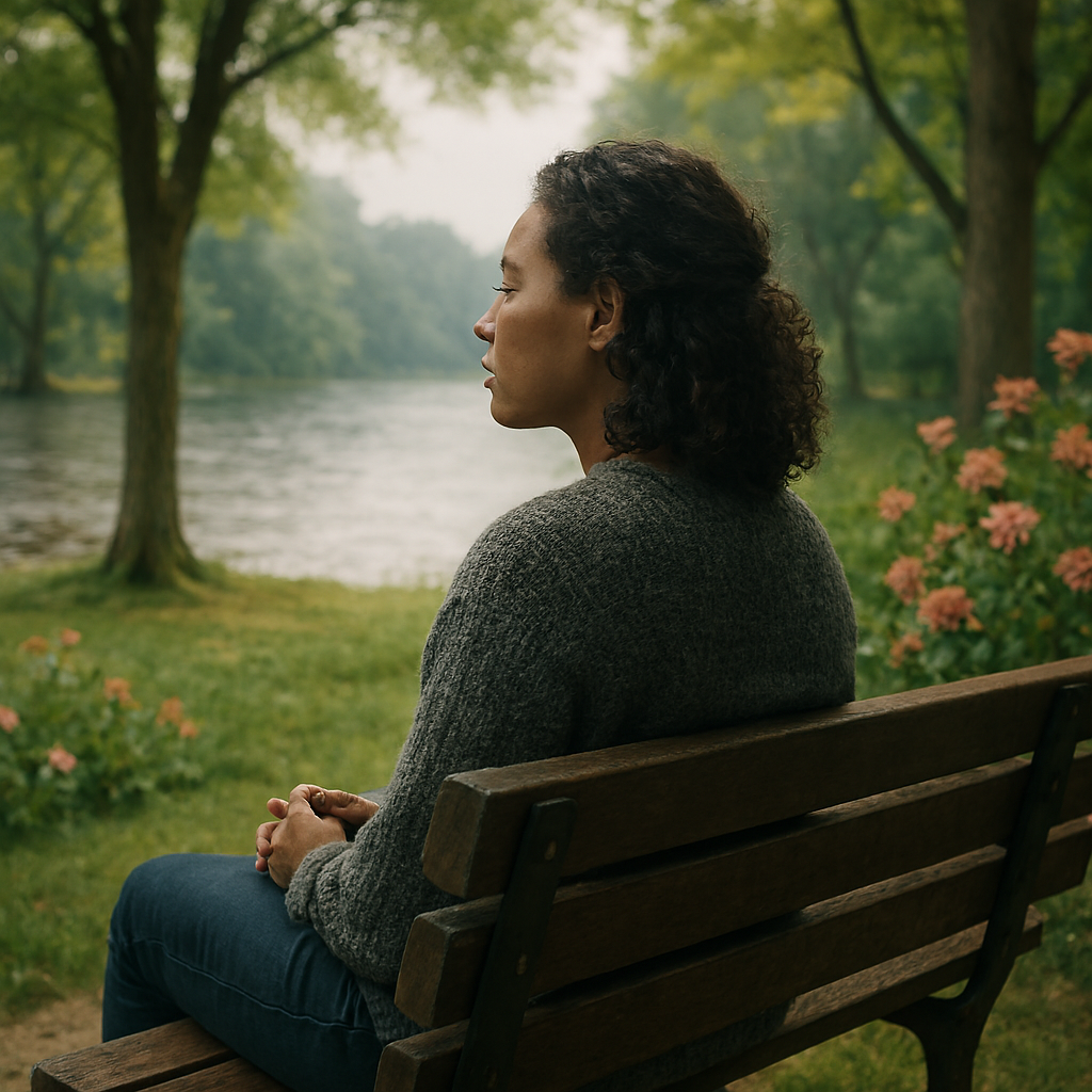 Lady lookiing across the water surrounded by trees and flowers