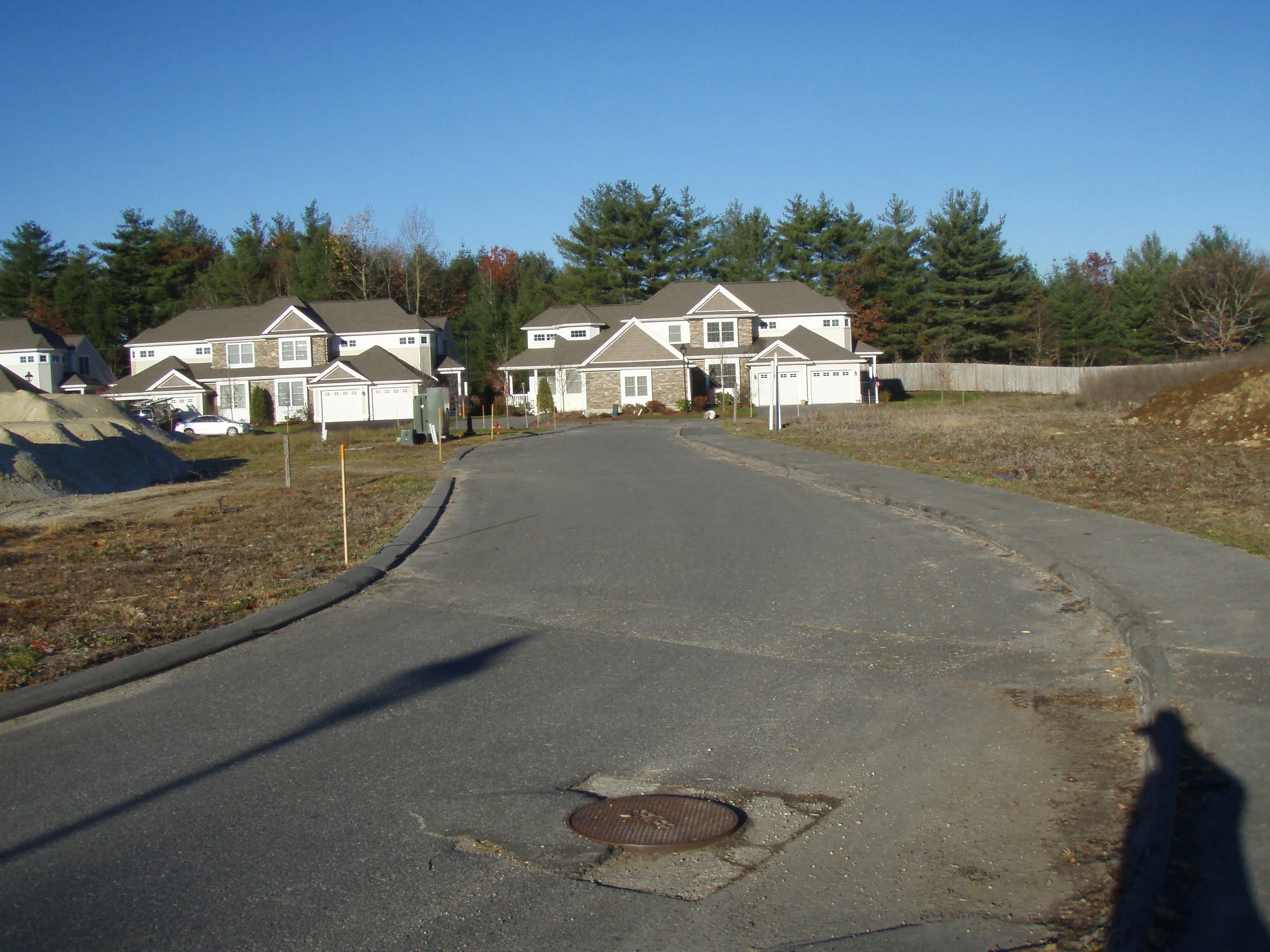 Newly constructed suburban neighborhood with multiple white and gray houses, some with stone accents, surrounded by pine trees and a clear blue sky.