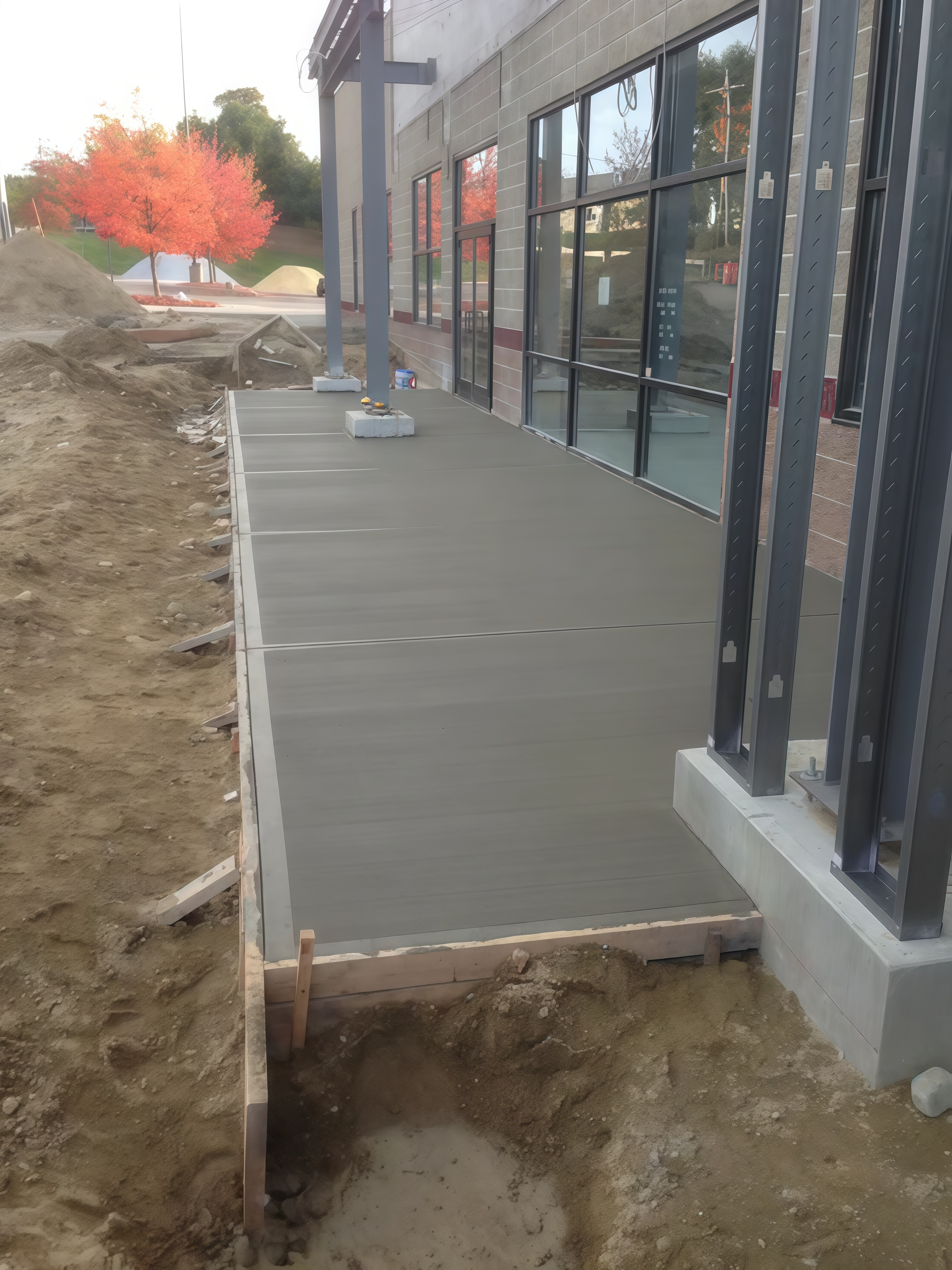 Construction site with a building having large glass windows, a concrete sidewalk, and exposed metal framing and supports. There are disturbed soil and construction materials on the ground, with a few trees with orange leaves and a small hill in the 