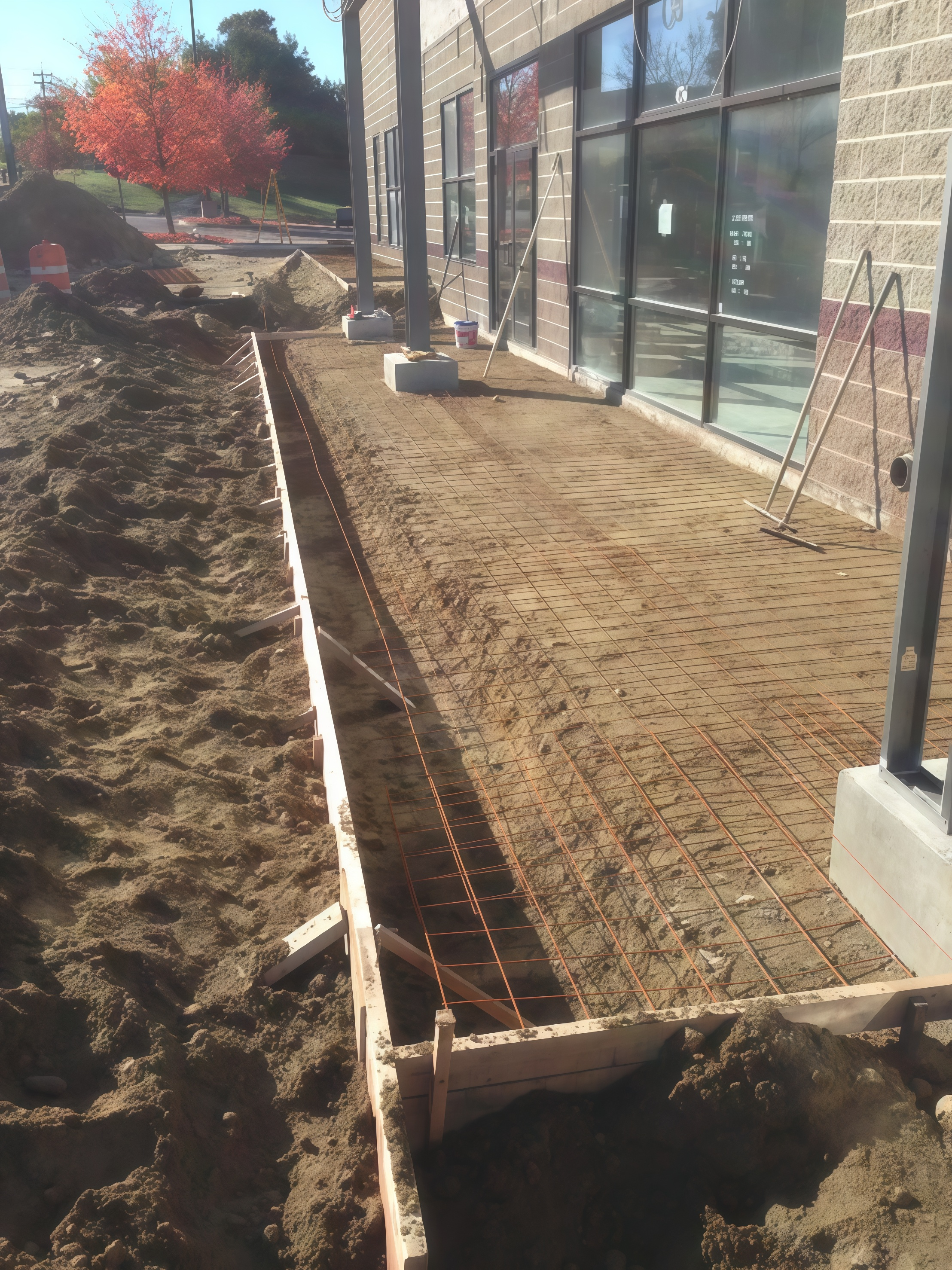 Construction site sidewalk with framing and rebar, along the exterior of a building, with orange trees and a mini traffic cone in the background.