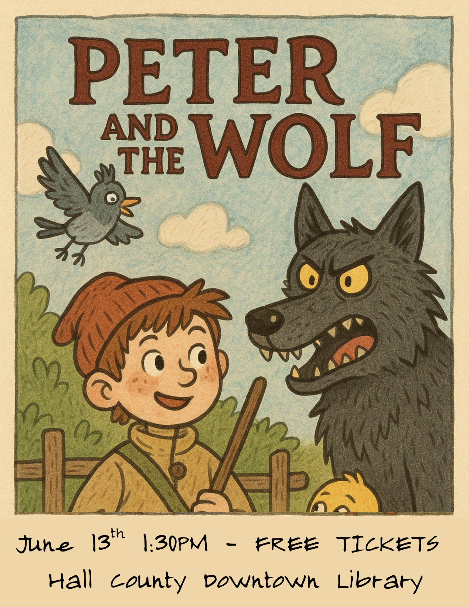 Cover of a children's book titled "Peter and the Wolf" featuring a boy, a large wolf with bared teeth, and a bird flying in a sky with clouds.