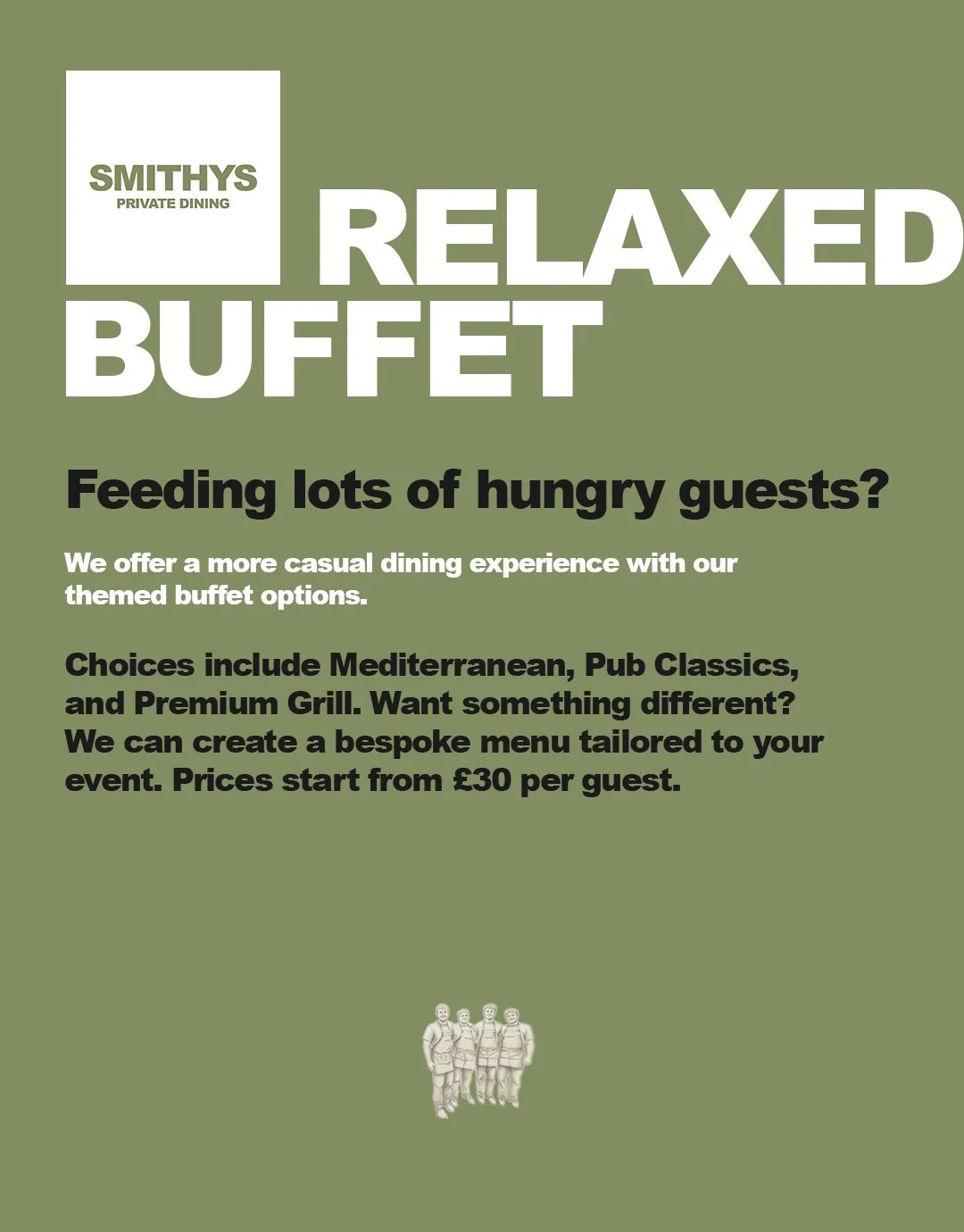 Relaxed buffet brings high quality premium food away from a plated service. This way, we can maximise heads fed while maintaining affordable dining.

Sample menus are available on our website.

#smithysfood #smithys #buffet #grill 
#privatedining #ev